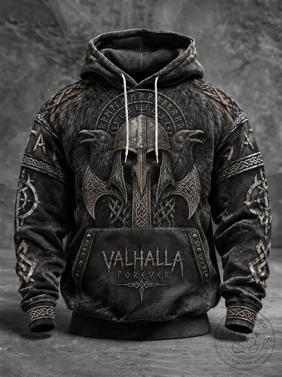 Valhalla Forever Viking Warrior Helmet Ravens Nordic Runes Men's Hoodie