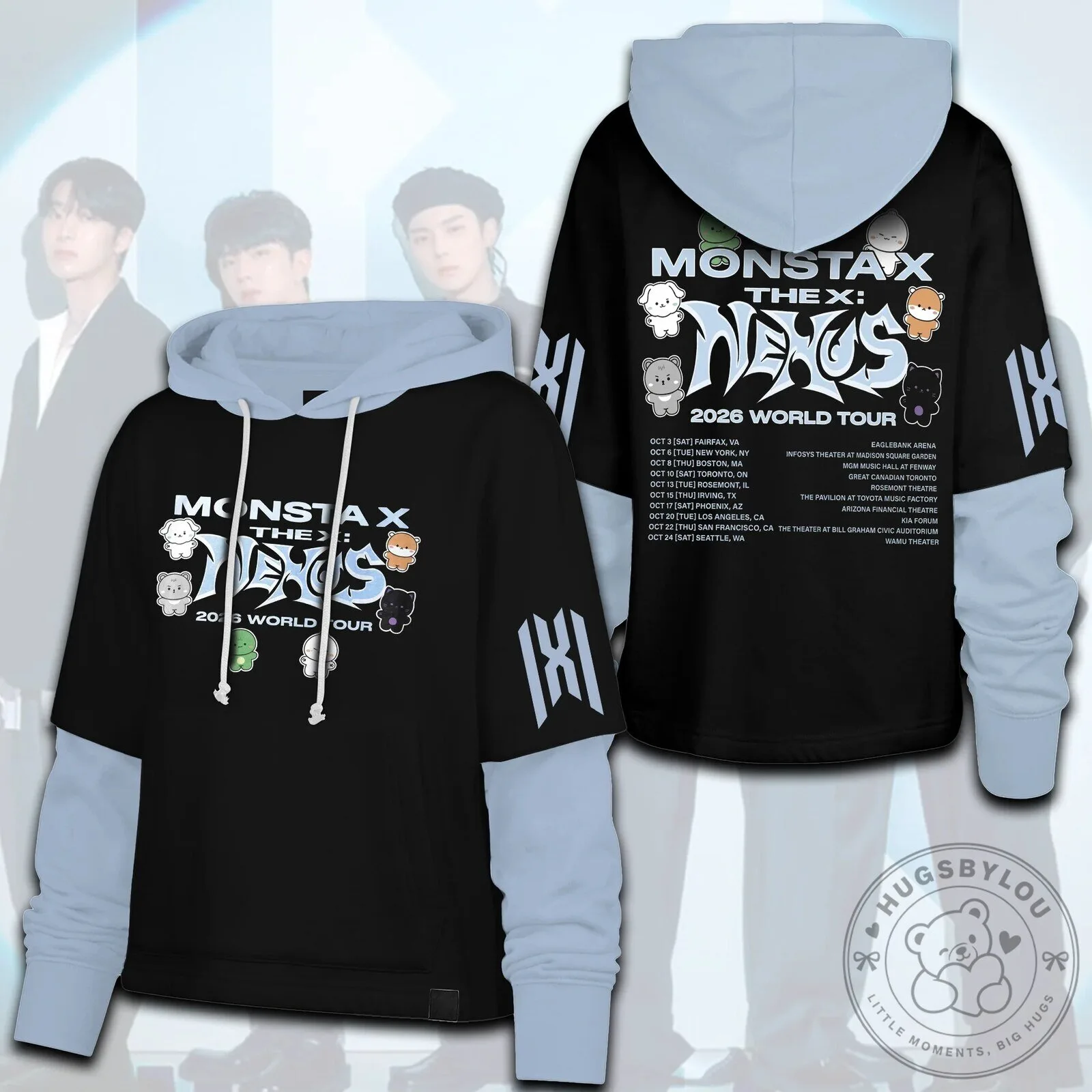 Monsta X The Nexus 2026 World Tour Kawaii Mascot Black Hoodie