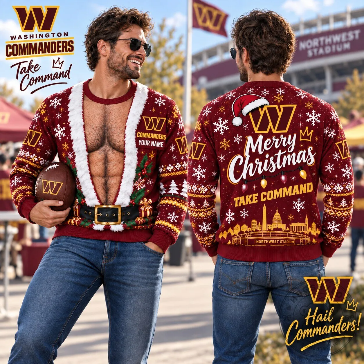 Washington Commanders Ugly Christmas Sweater Custom Name Holiday Gift