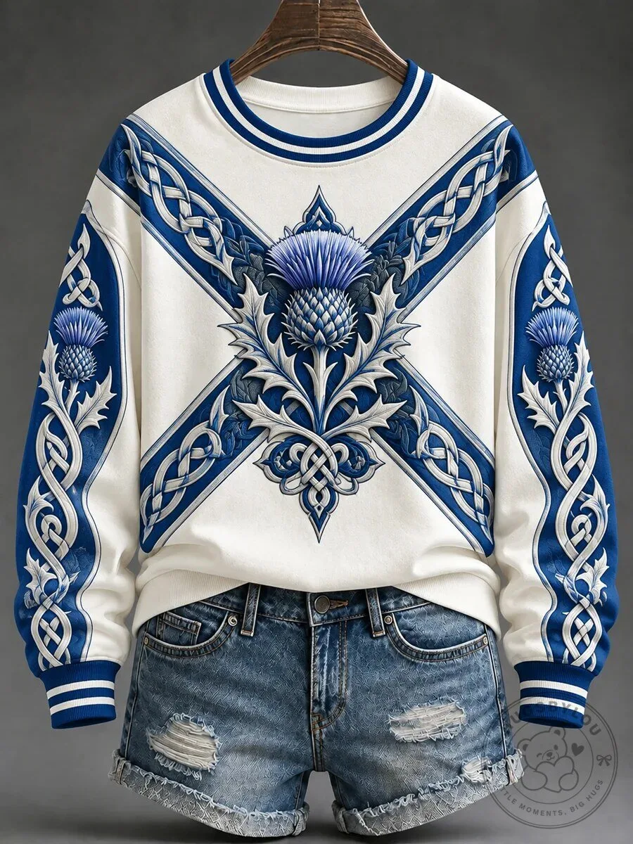 Scottish Thistle and Saltire Flag Pattern Women's Crewneck Sweatshirt