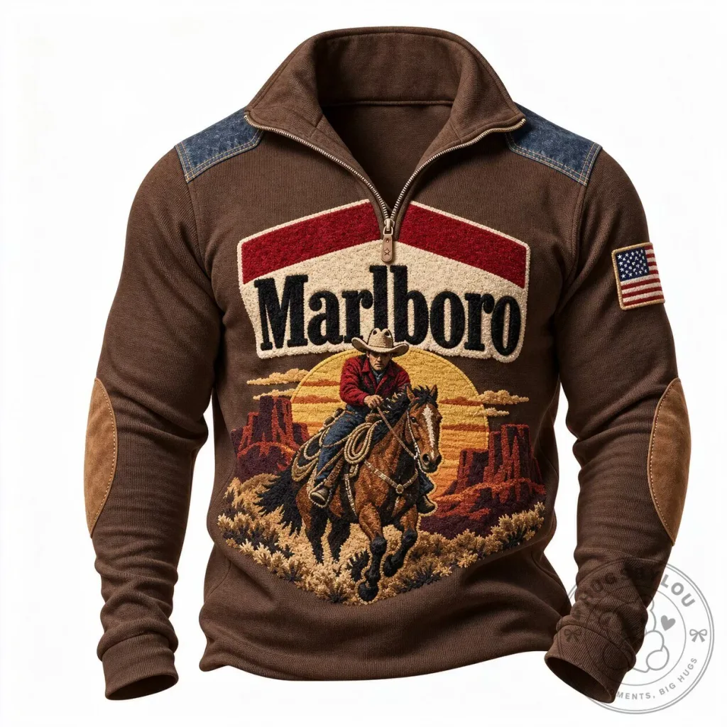 Marlboro Cowboy Western Style Half-Zip Collared Sweatshirt