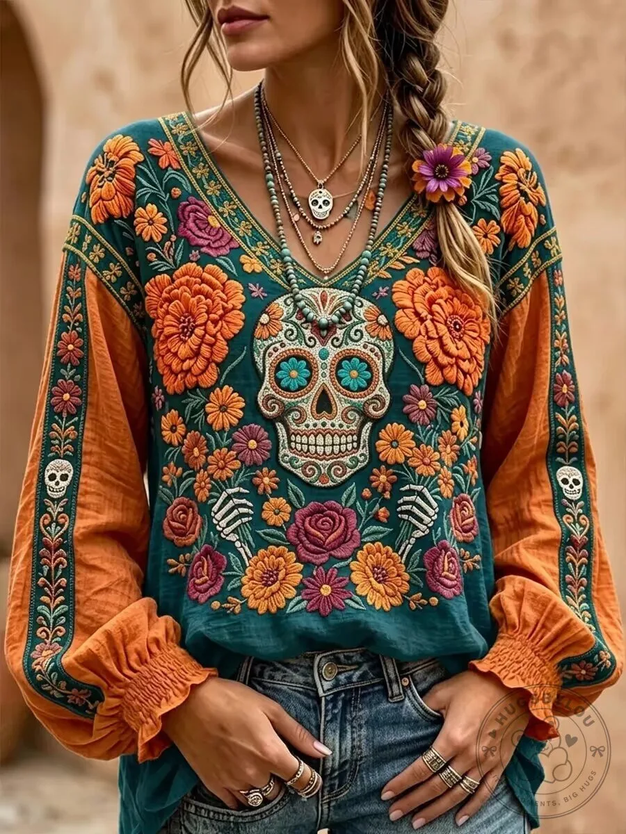 Women's Day of the Dead Embroidered Floral Sugar Skull Long Sleeve Top
