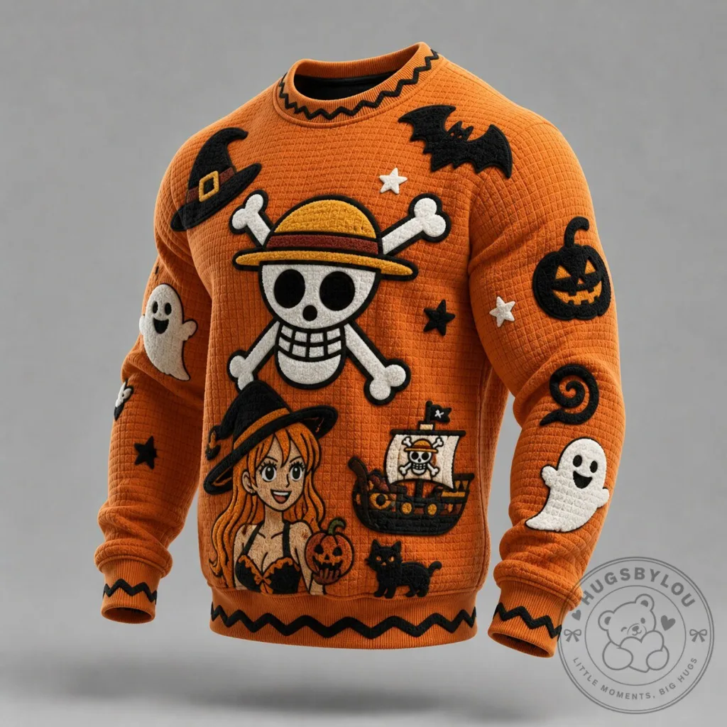One Piece Luffy Straw Hat Pirates Halloween Embroidered Knit Crewneck Sweater