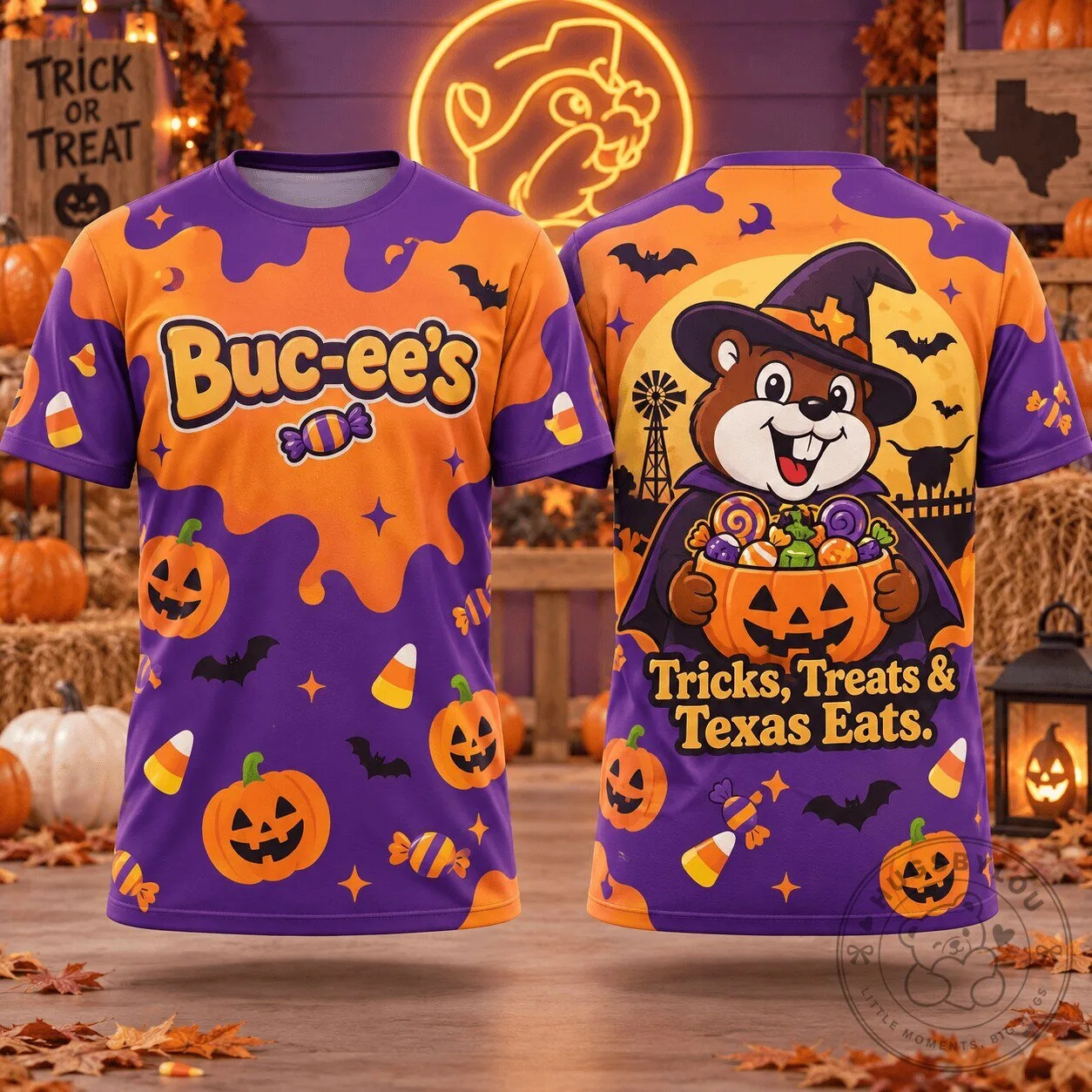 Buc-ee's Halloween Shirt, Tricks Treats Texas Eats Orange Purple T-Shirt
