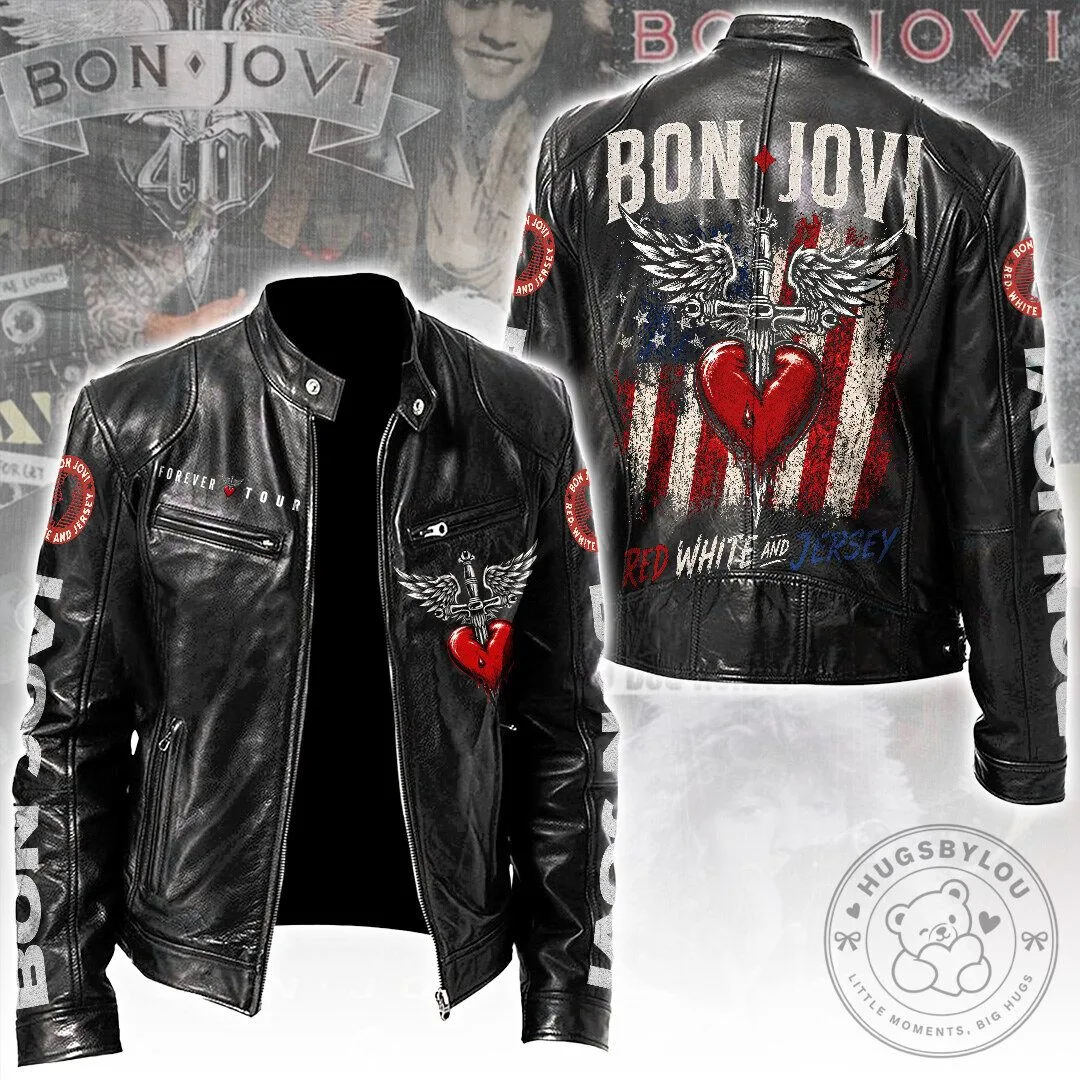 Bon Jovi Forever Tour Red White and Jersey Motorcycle Leather Jacket 1 Bon Jovi Forever Tour Red White and Jersey Motorcycle Leather Jacket