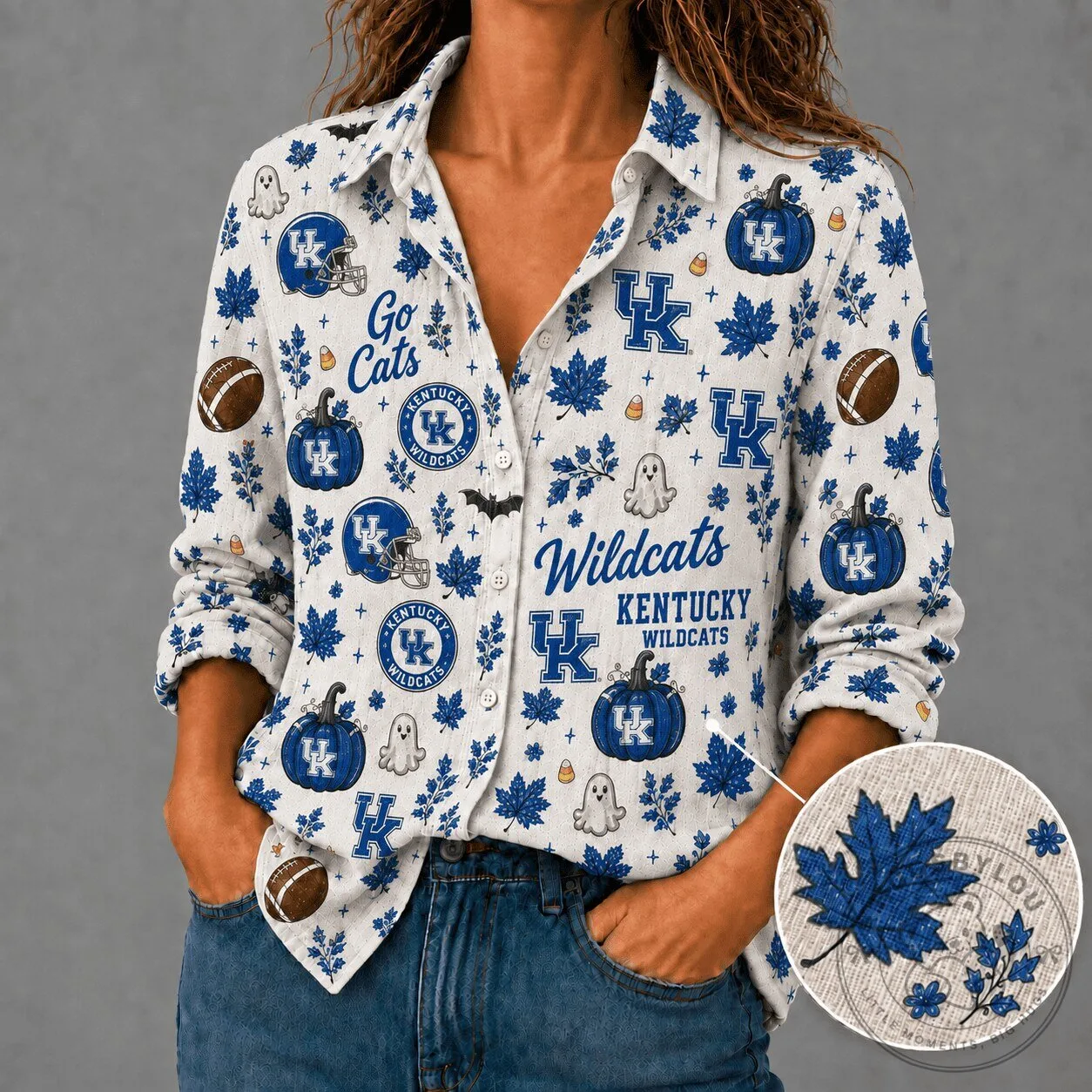 Kentucky Wildcats Go Cats Halloween Pattern Long Sleeve Button Down Shirt