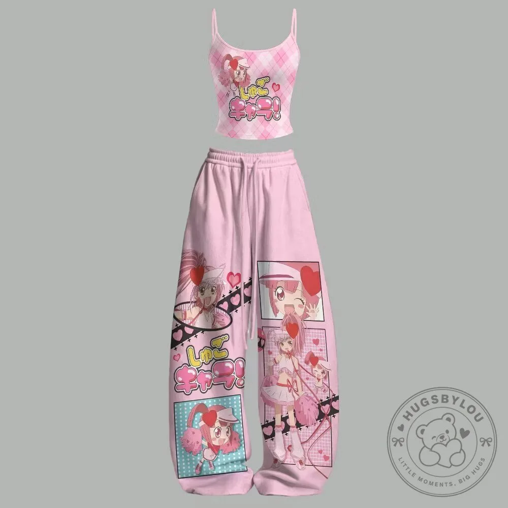 Shugo Chara Amu Hinamori Anime Pink Checkered Crop Top and Pants Set