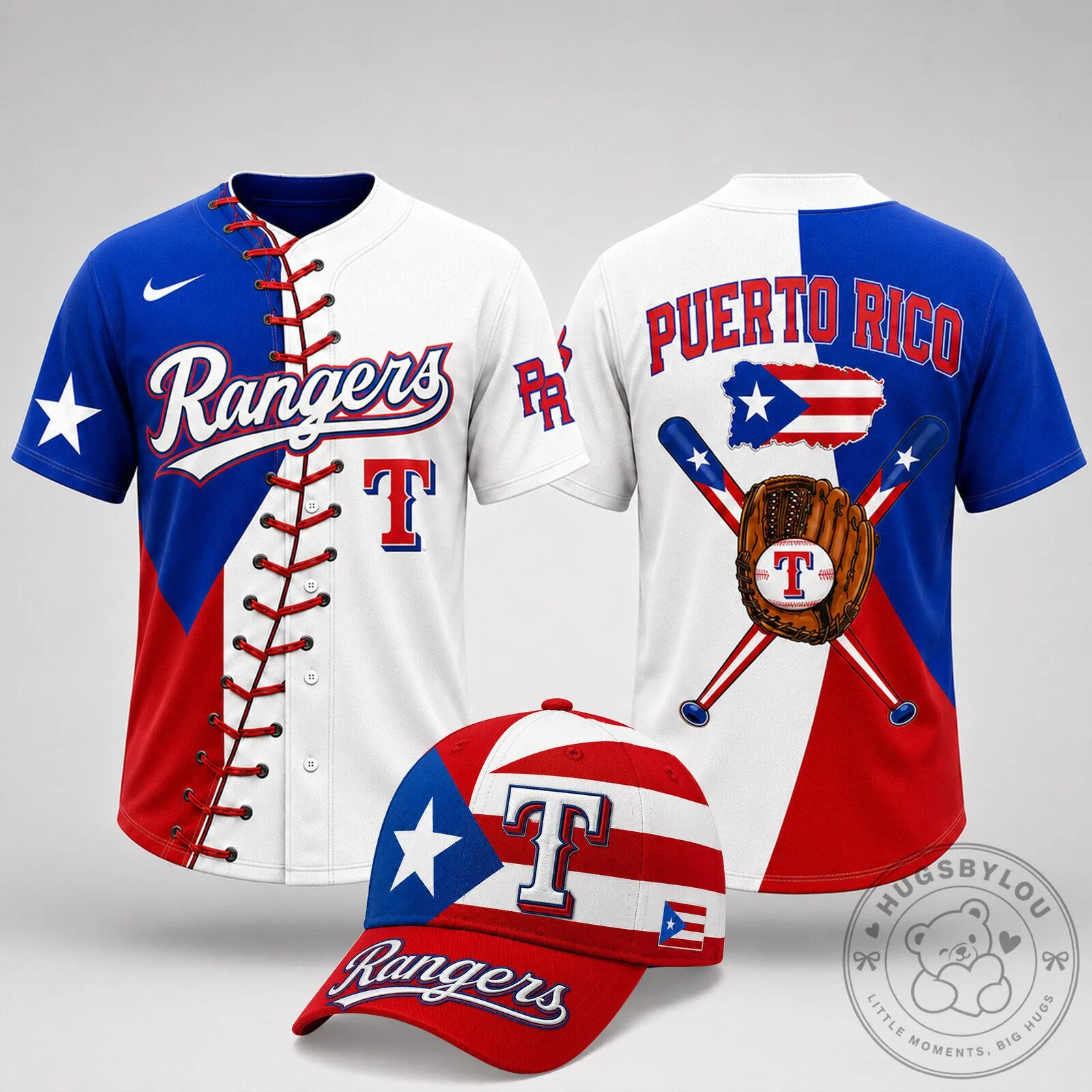 Texas Rangers Baseball Puerto Rico Flag Baseball Jersey and Cap Set 2 Texas Rangers Baseball Puerto Rico Flag Baseball Jersey and Cap Set