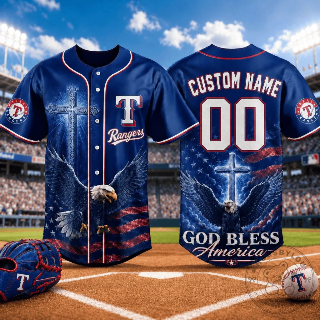 Texas Rangers Baseball Personalized Jersey with Eagle and Cross Design Texas Rangers Baseball Personalized Jersey with Eagle and Cross Design