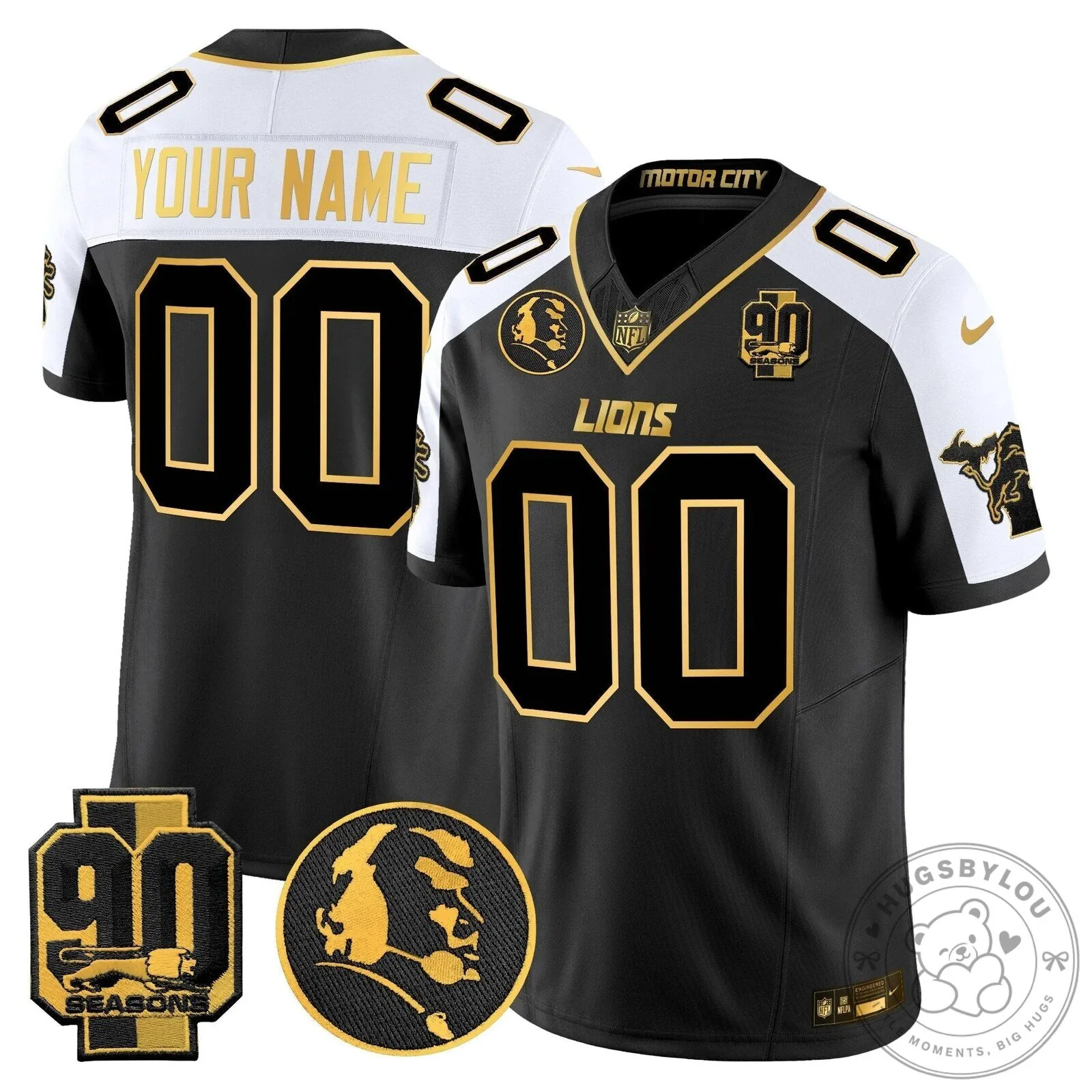 John Madden Patch Black Gold Football Jersey for Detroit Lions 90th Season