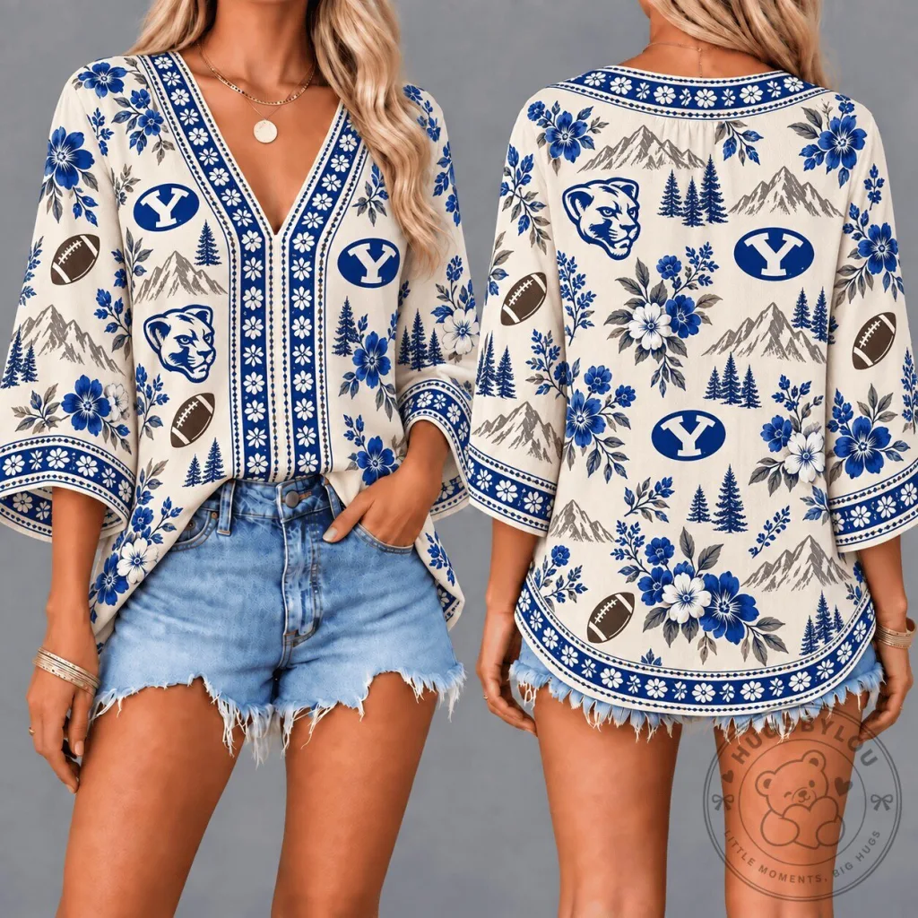 Brigham Young University Cougars Floral Boho V-Neck Three Quarter Sleeve Top Brigham Young University Cougars Floral Boho V-Neck Three Quarter Sleeve Top