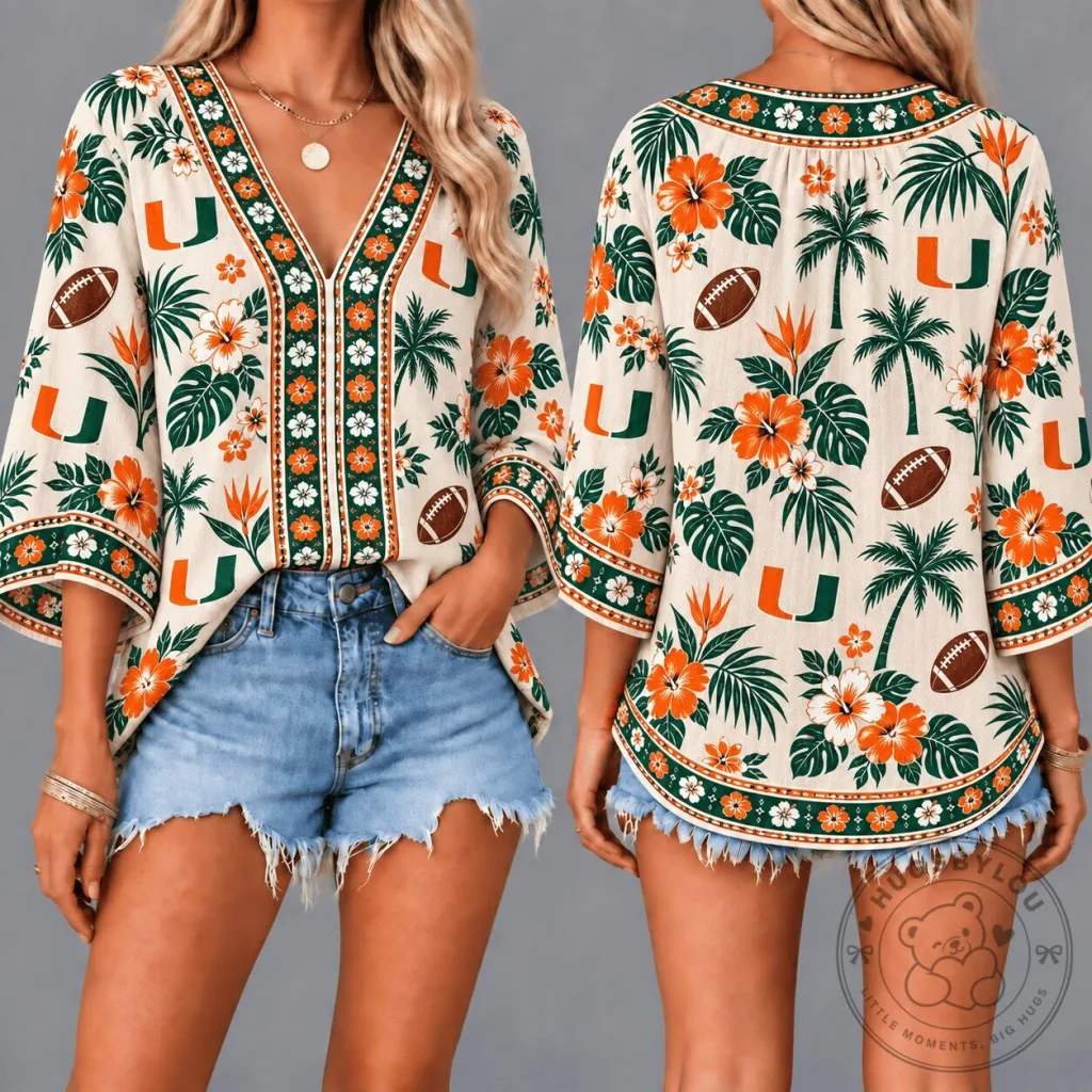 Miami Hurricanes NCAA Floral Boho V-Neck Three-Quarter Sleeve Blouse 25 Miami Hurricanes NCAA Floral Boho V-Neck Three-Quarter Sleeve Blouse