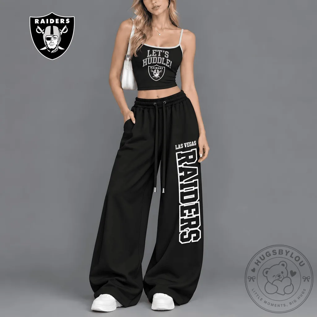 Las Vegas Raiders NFL Let's Huddle Women's Crop Top and Wide Leg Pants Set Las Vegas Raiders NFL Let's Huddle Women's Crop Top and Wide Leg Pants Set