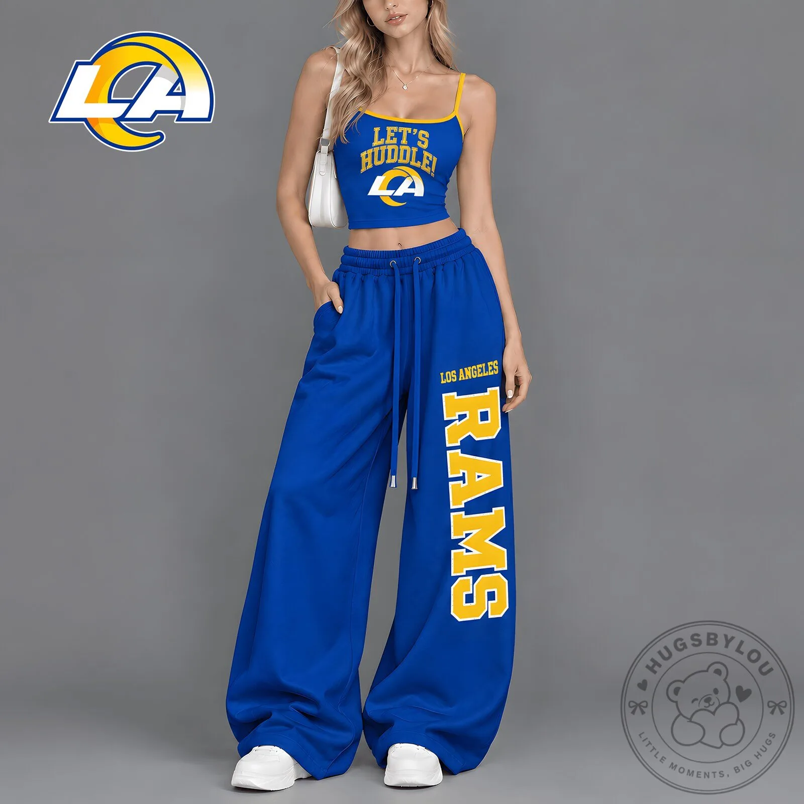 Los Angeles Rams Let's Huddle Women's Crop Top and Wide Leg Pants Set