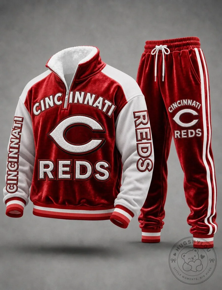 Cincinnati Reds Baseball Team Red and White Quarter Zip Pullover Sweatshirt