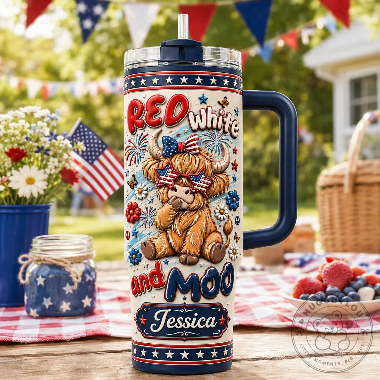 Red White and Moo Highland Cow Personalized 40oz Tumbler with Handle 3 Red White and Moo Highland Cow Personalized 40oz Tumbler with Handle