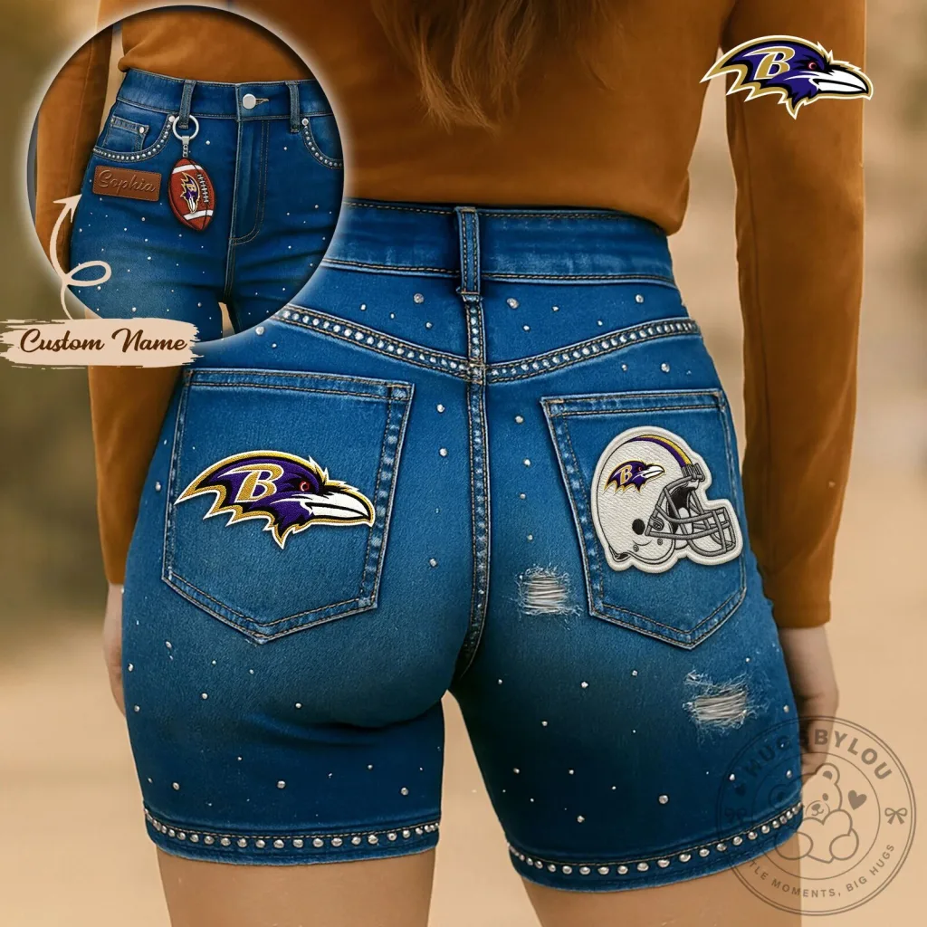Baltimore Ravens NFL Football High Waisted Denim Biker Shorts Baltimore Ravens NFL Football High Waisted Denim Biker Shorts
