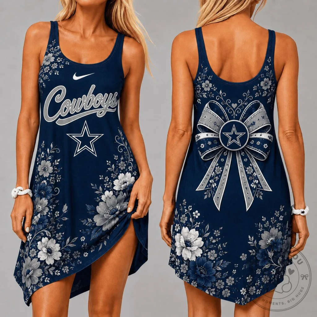 Dallas Cowboys Floral Pattern Women's Sleeveless Dress with Bow Detail Dallas Cowboys Floral Pattern Women's Sleeveless Dress with Bow Detail