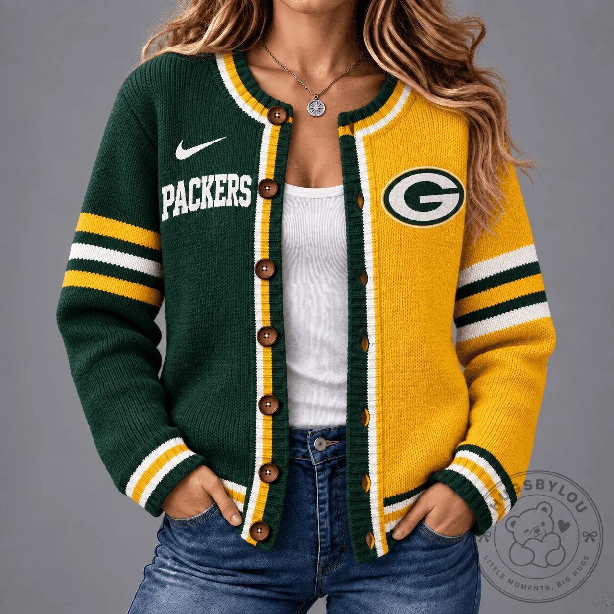 Green Bay Packers Two-Tone Button-Up Knit Cardigan Sweater 2 Green Bay Packers Two-Tone Button-Up Knit Cardigan Sweater