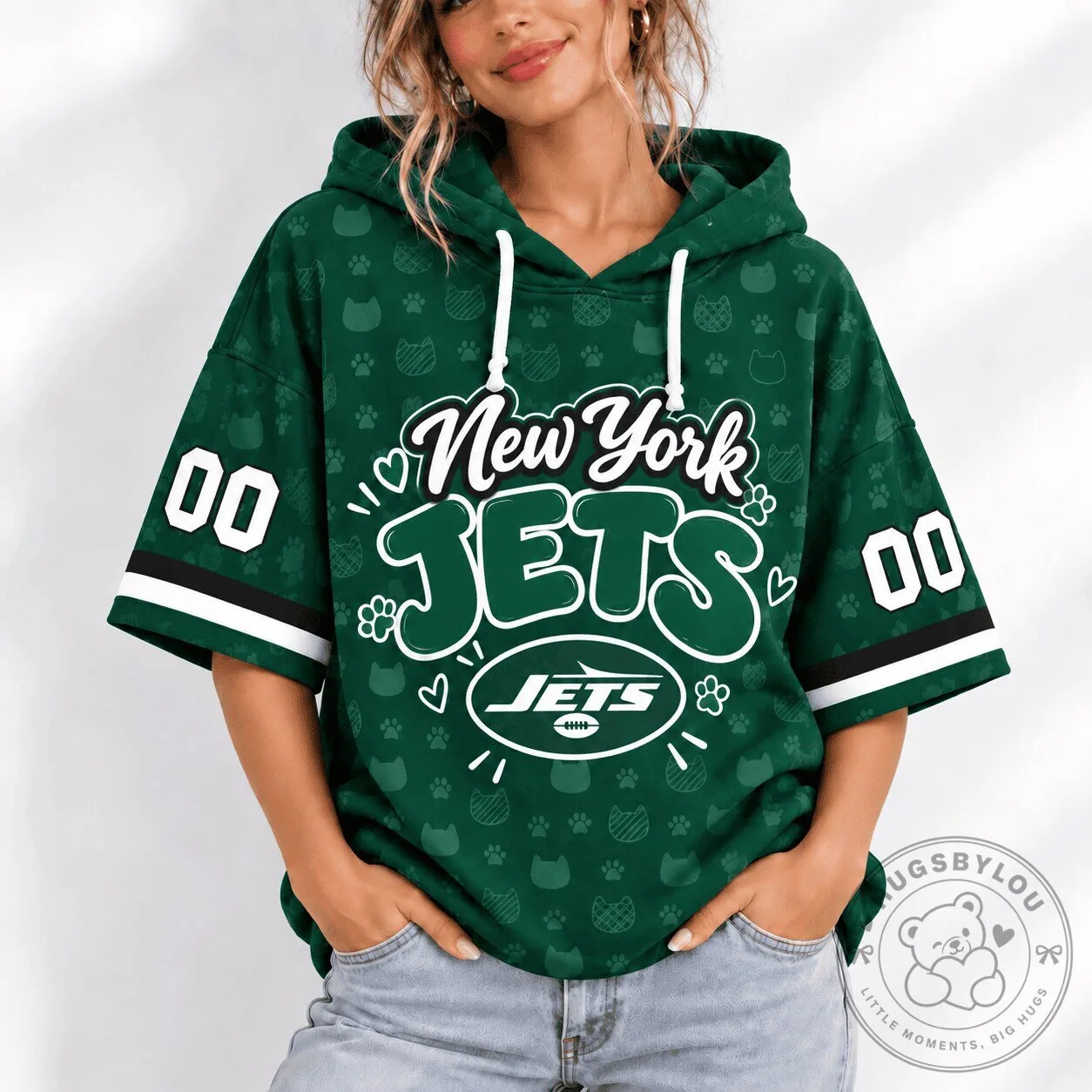 Women's Short Sleeve Hoodie featuring the New York Jets Football Team