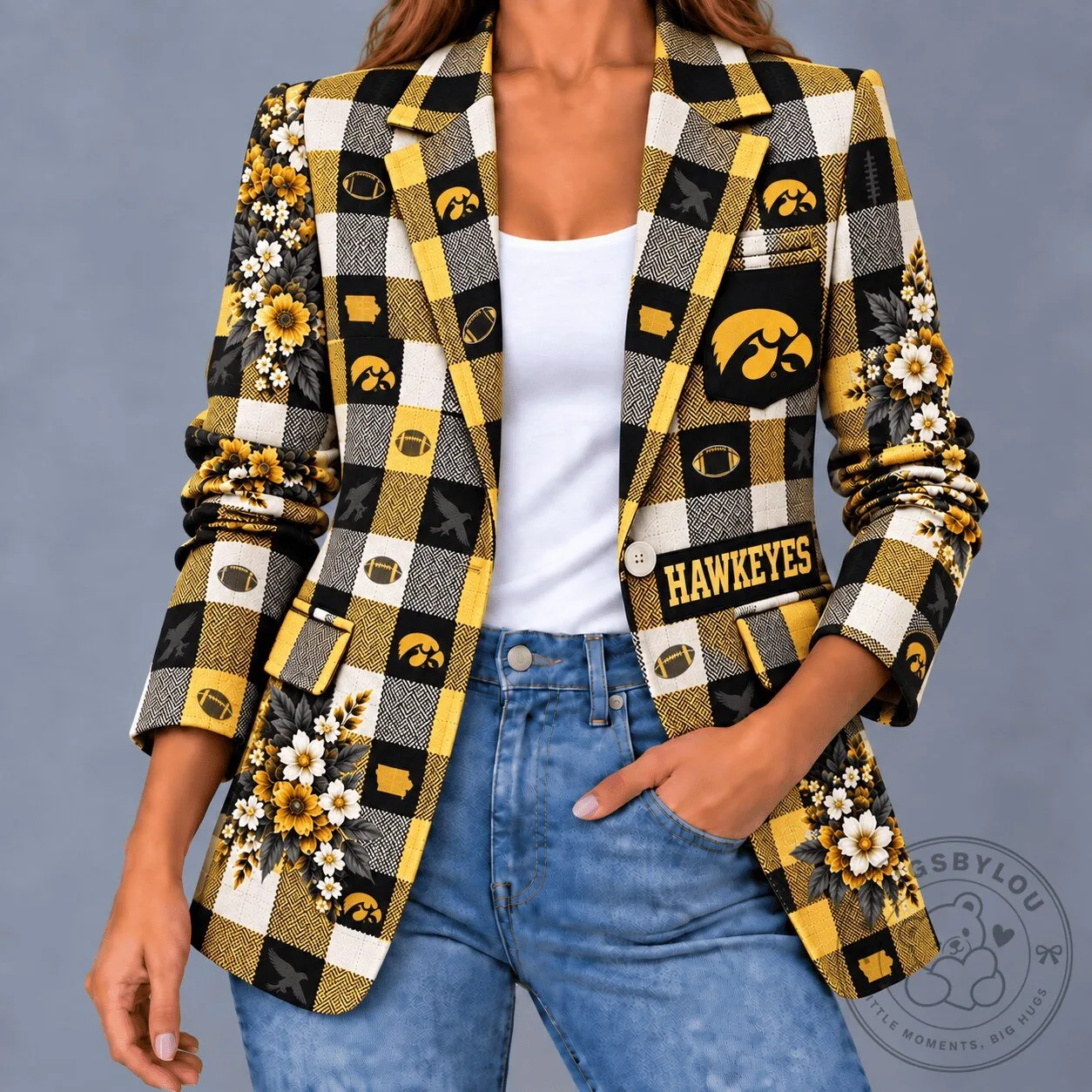 Iowa Hawkeyes Football Game Day Floral Plaid Women's Blazer Jacket