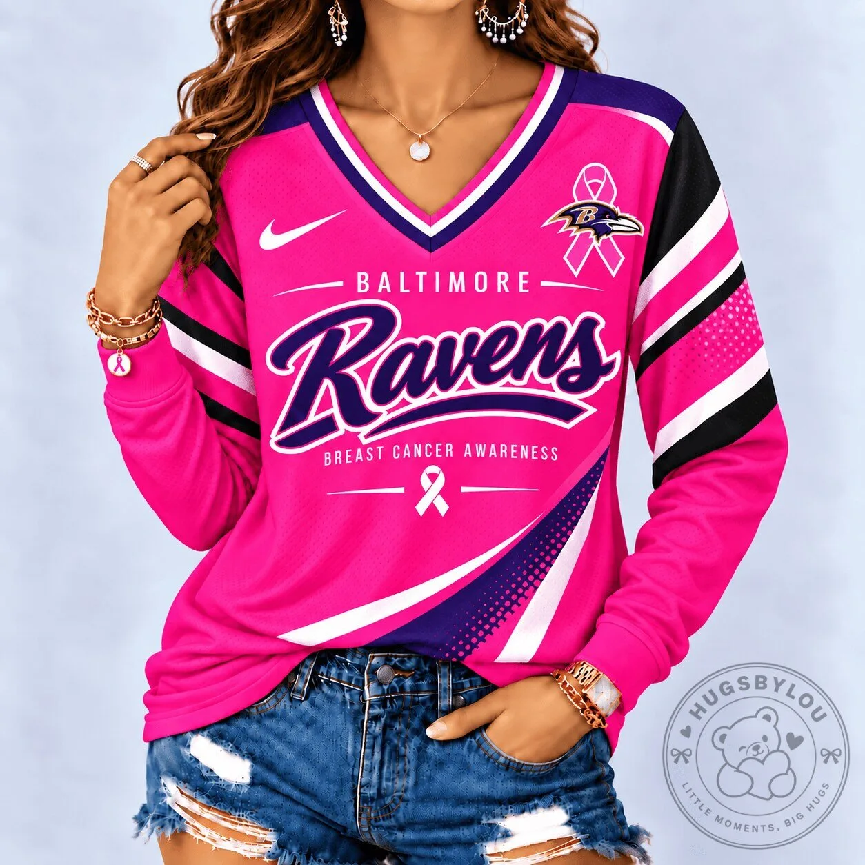 Baltimore Ravens Breast Cancer Awareness Pink Long Sleeve V-Neck Jersey 1 Baltimore Ravens Breast Cancer Awareness Pink Long Sleeve V-Neck Jersey