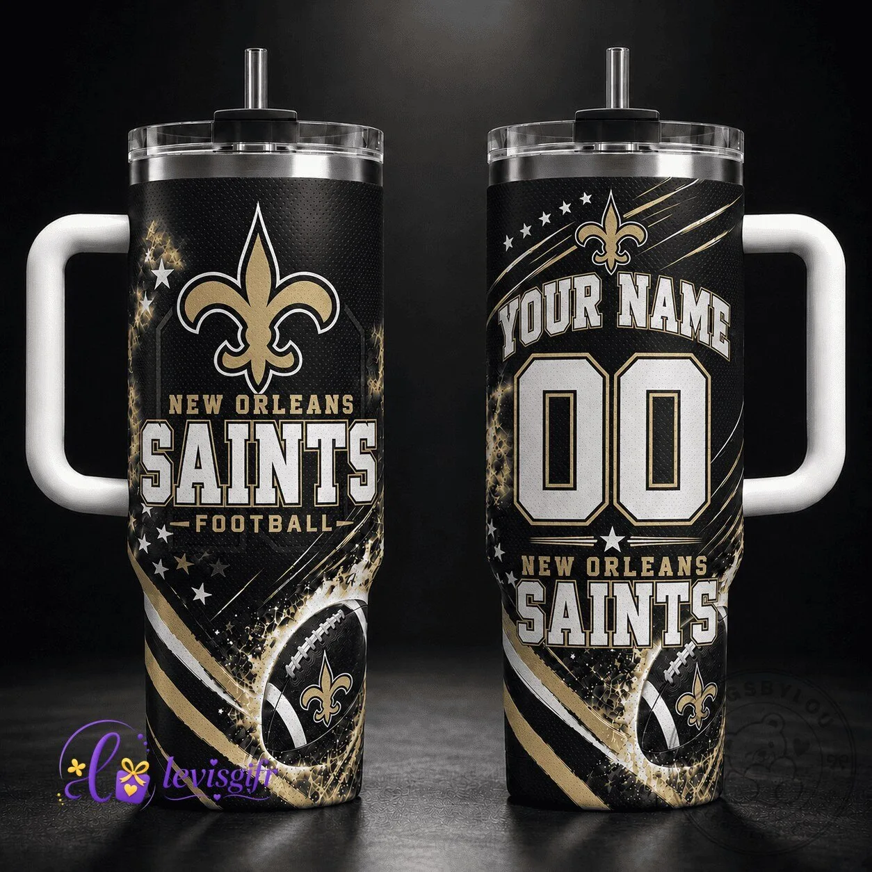 New Orleans Saints Football Team Personalized 40oz Stainless Steel Tumbler with Handle