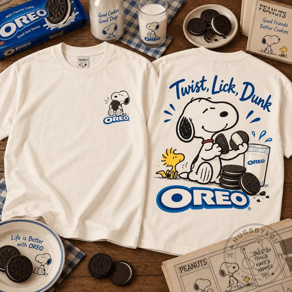 Oreo Snoopy Twist Lick Dunk Cookie Milk Peanuts Cartoon White T-Shirt Oreo Snoopy Twist Lick Dunk Cookie Milk Peanuts Cartoon White T-Shirt
