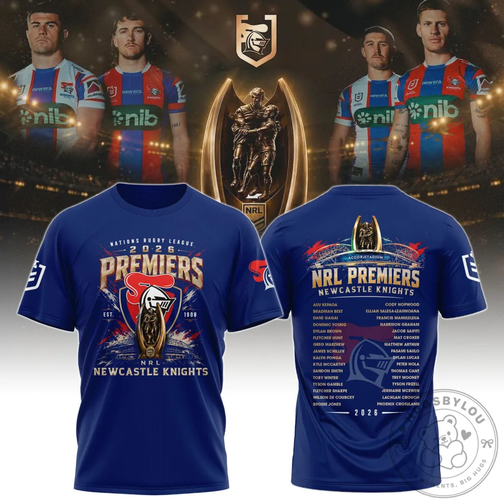 Newcastle Knights Rugby League 2026 Premiers Blue Fan T-Shirt Newcastle Knights Rugby League 2026 Premiers Blue Fan T-Shirt