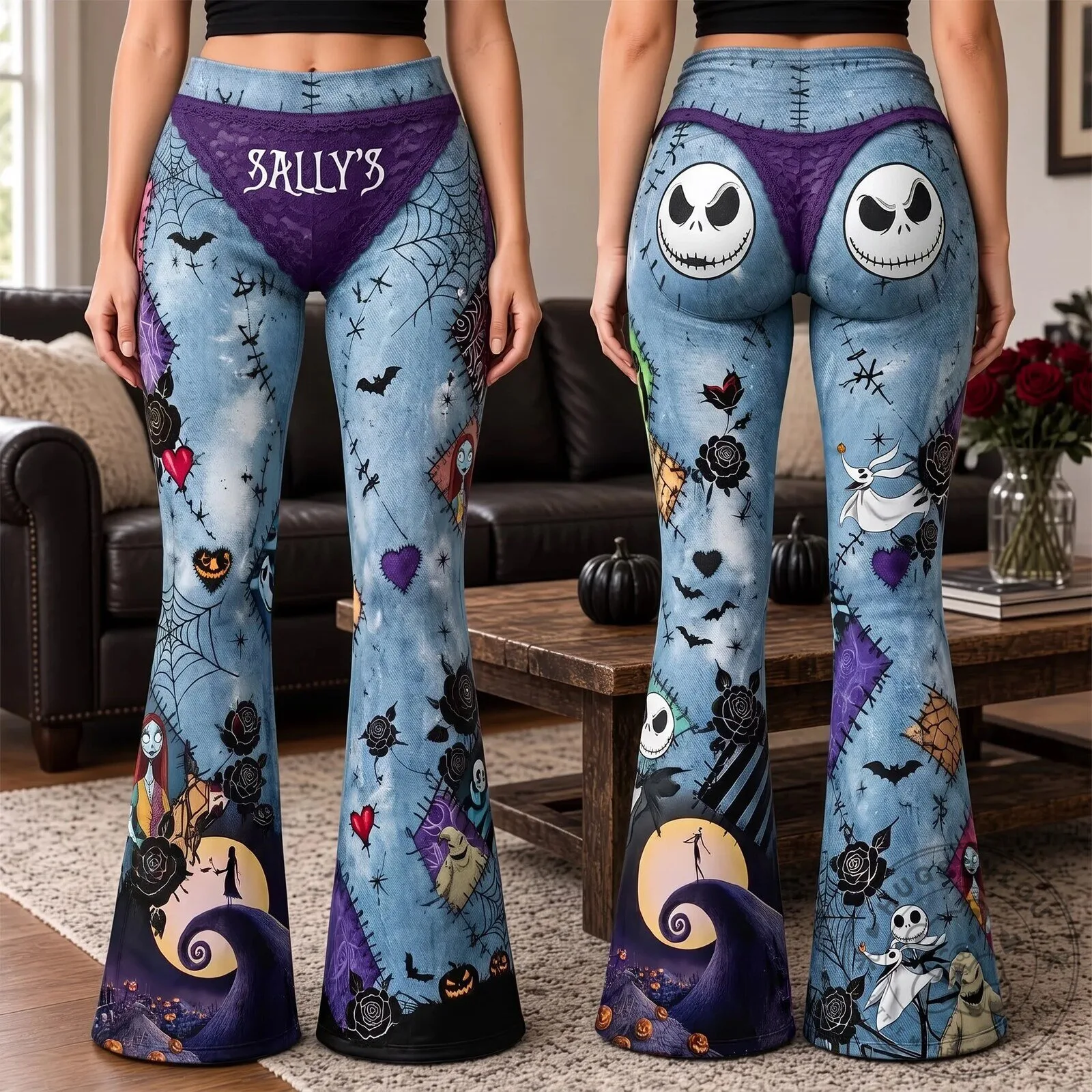 Nightmare Before Christmas Jack Skellington Sally Bell Bottom Leggings