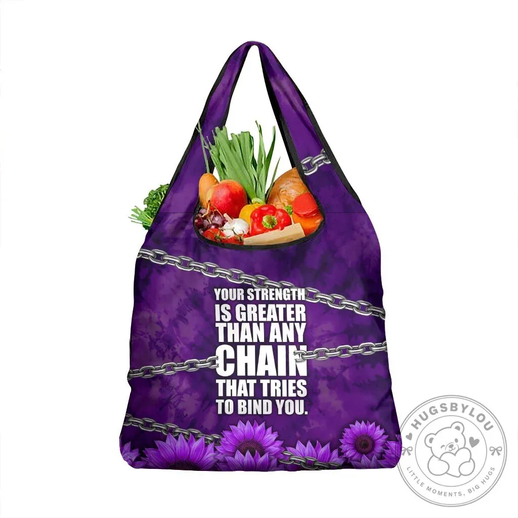 Domestic Violence Awareness Purple Sunflower Strength Quote Reusable Grocery Bag