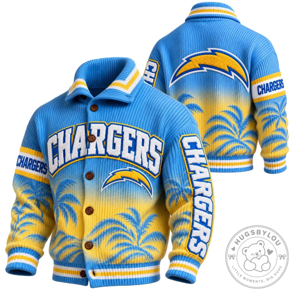 Los Angeles Chargers Tropical Palm Tree Knit Button-Up Cardigan Jacket Los Angeles Chargers Tropical Palm Tree Knit Button-Up Cardigan Jacket