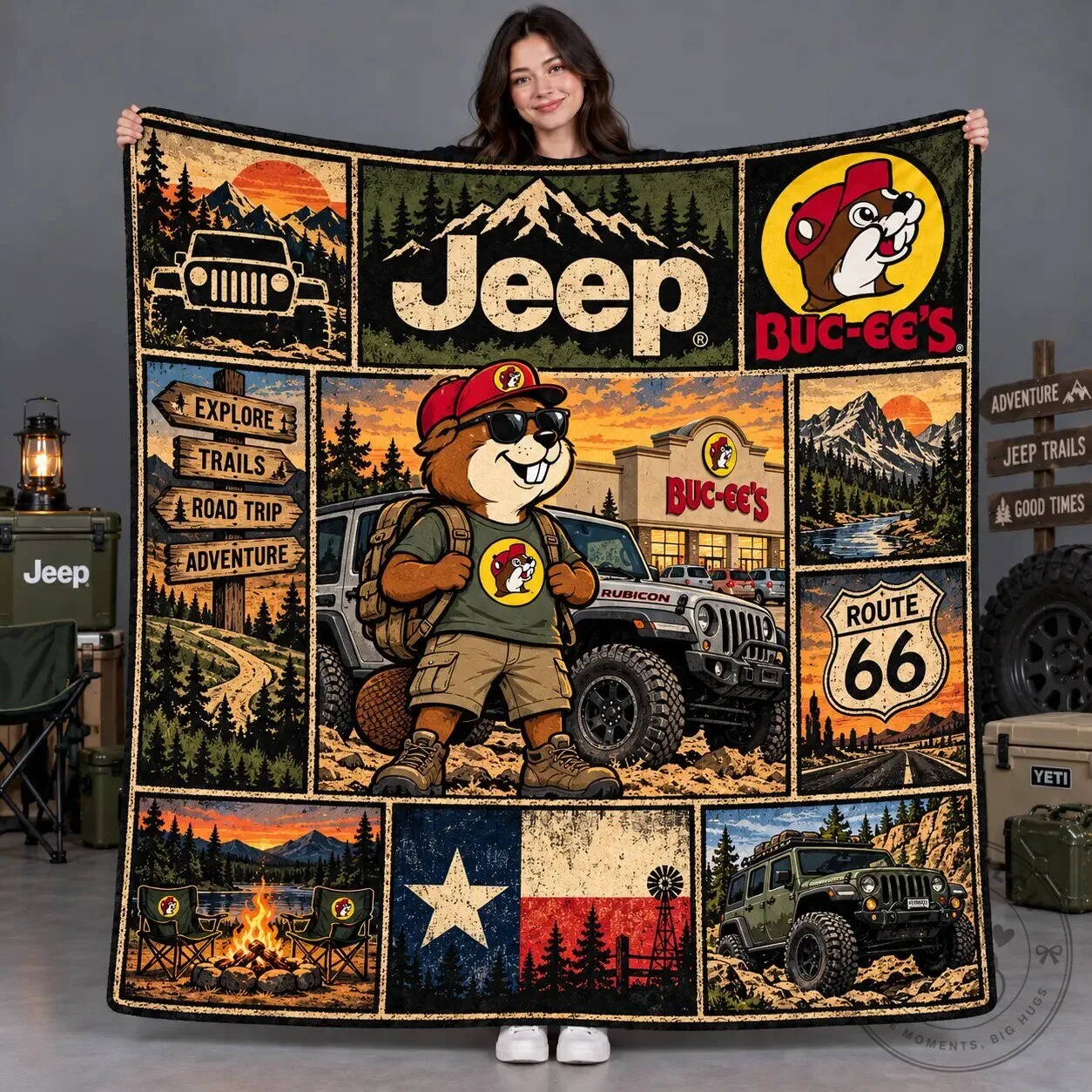 Buc-ee's Jeep Off-Road Texas Adventure Fleece Blanket for Route 66 Fans