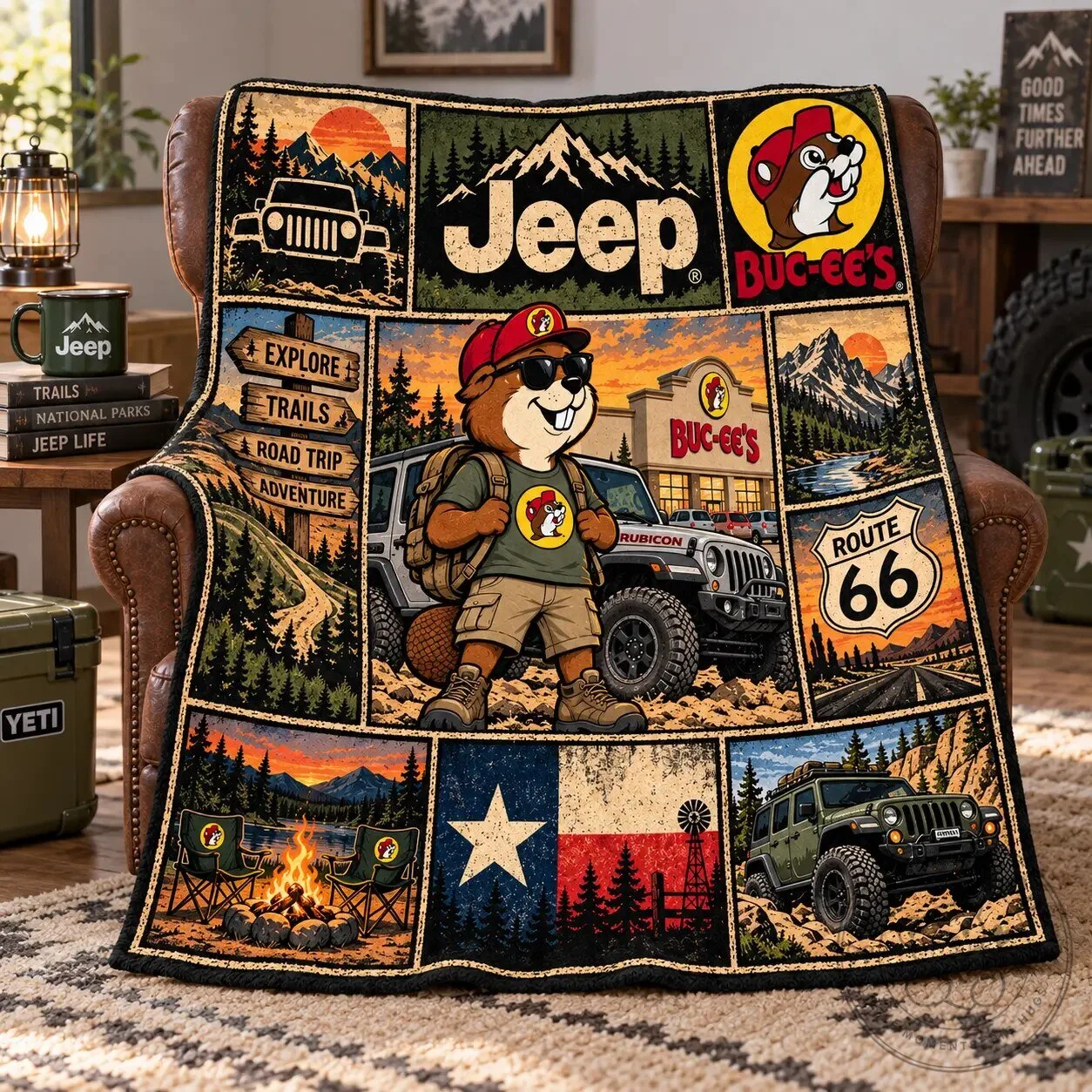 Buc-ee's Jeep Off-Road Texas Adventure Fleece Blanket for Route 66 Fans 5 Buc-ee