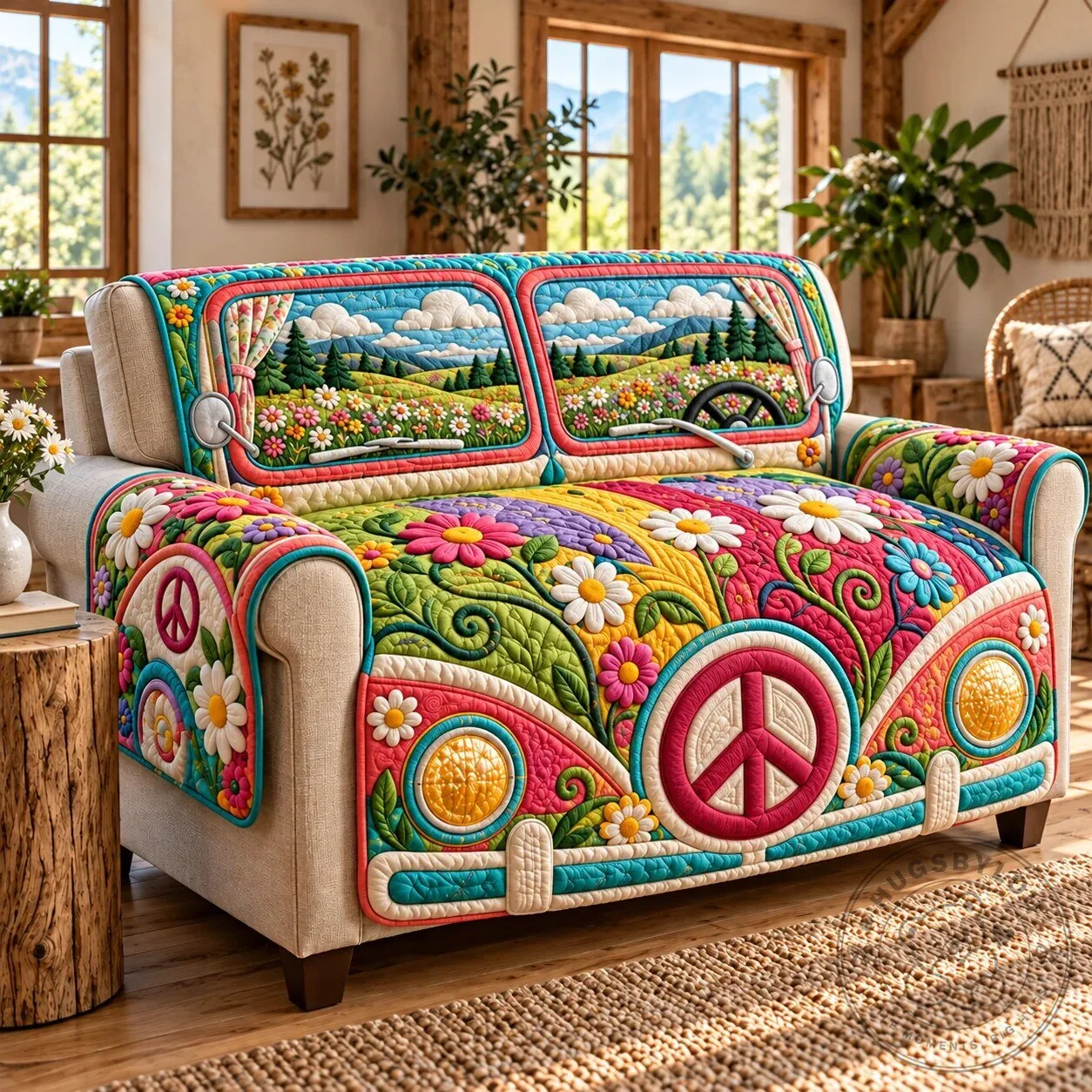 Hippie Van Quilted Sofa Cover, Colorful Floral Peace Sign Couch Protector 1 Hippie Van Quilted Sofa Cover, Colorful Floral Peace Sign Couch Protector