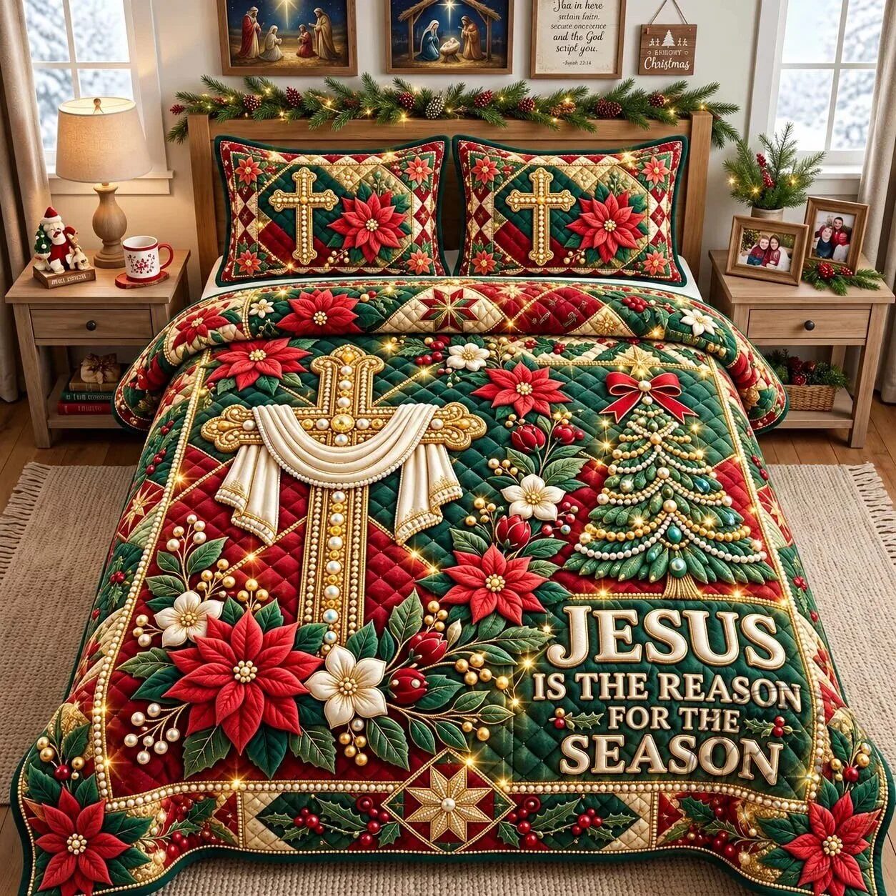 Quilted Bedding Set Featuring Jesus as the Reason for the Christmas Season
