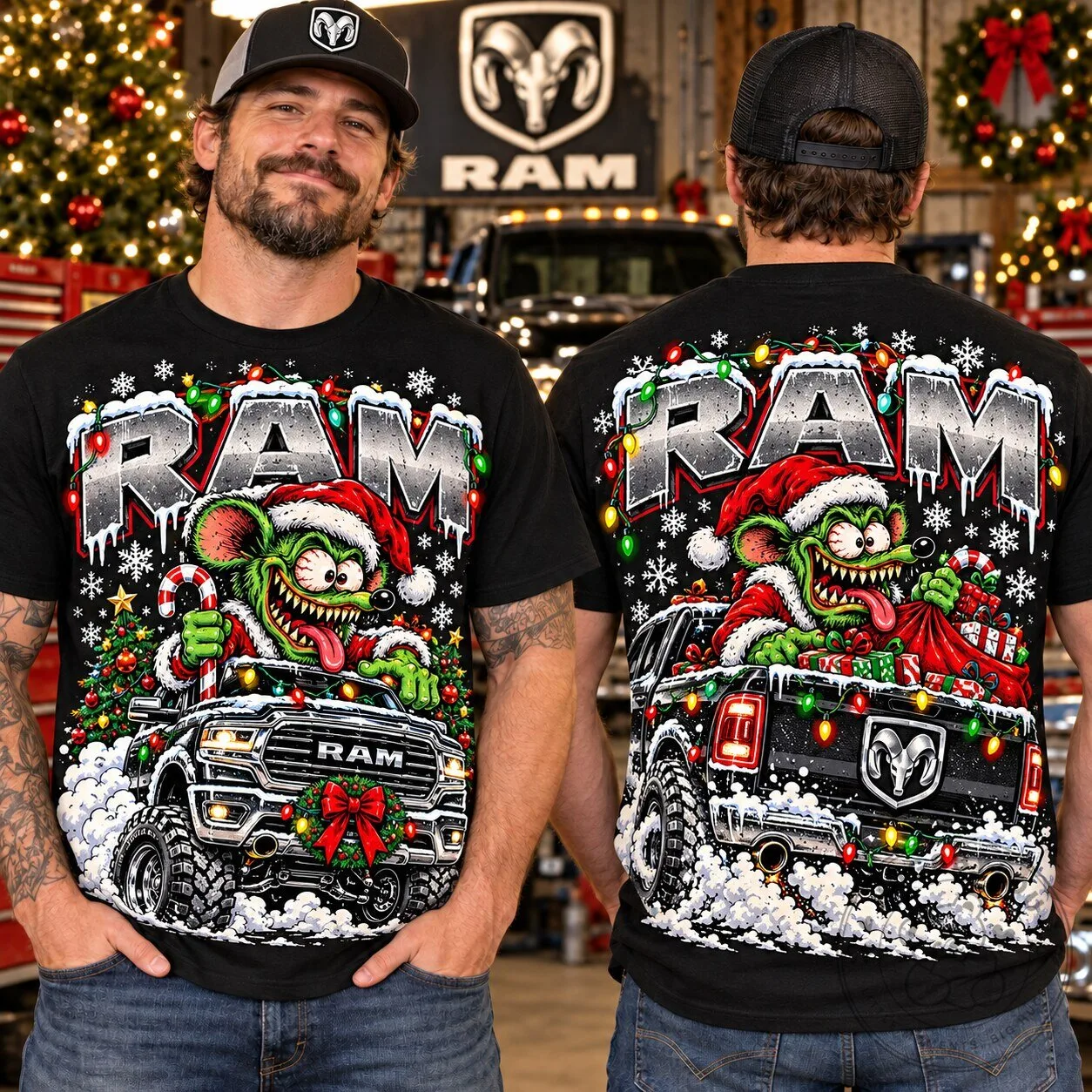 Ram Christmas Rat Fink Truck Holiday Graphic Black T-Shirt
