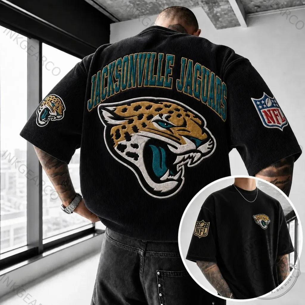 Jacksonville Jaguars NFL Black Corduroy Oversized T-Shirt Jacksonville Jaguars NFL Black Corduroy Oversized T-Shirt