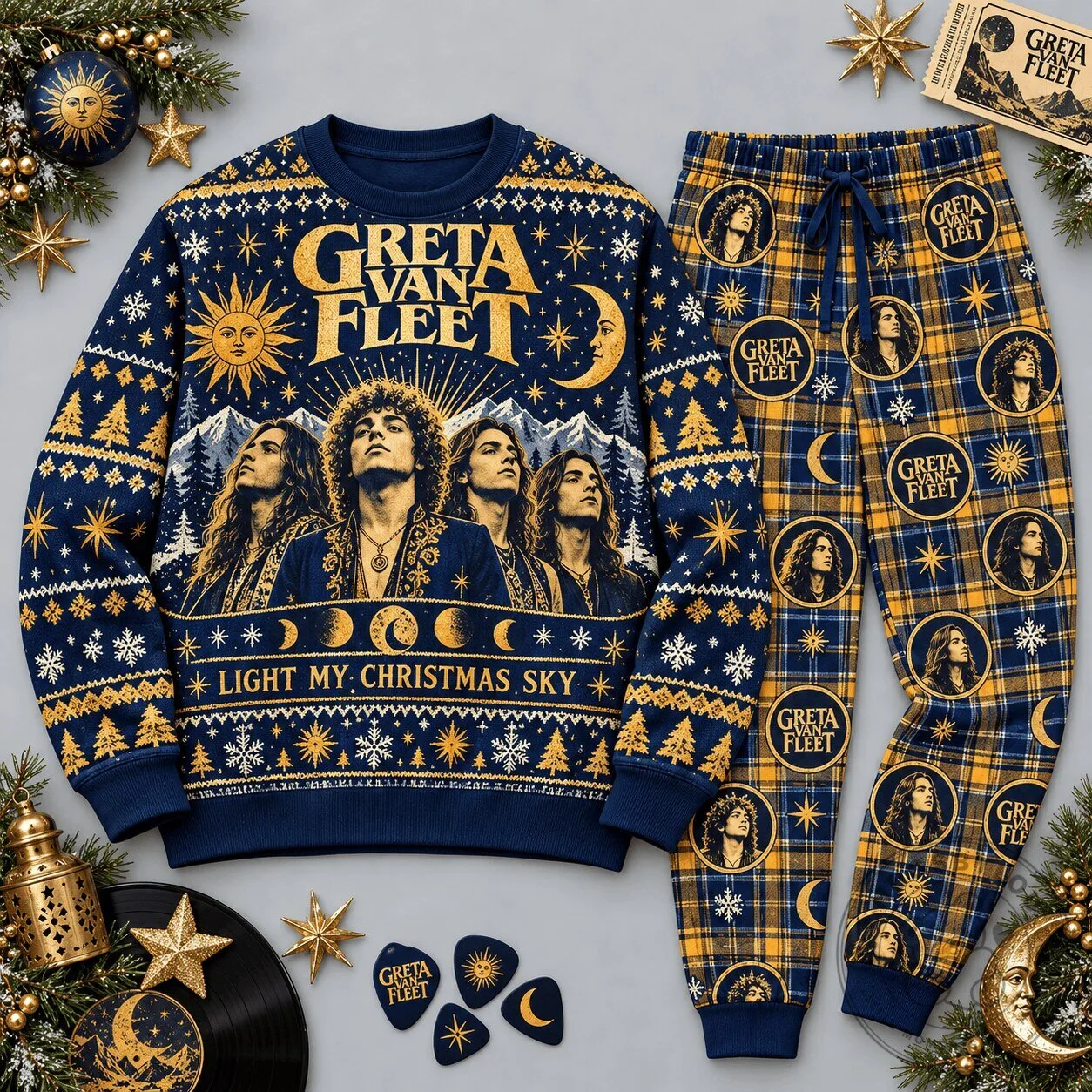 Greta Van Fleet Light My Christmas Sky Navy Gold Festive Graphic Sweatshirt