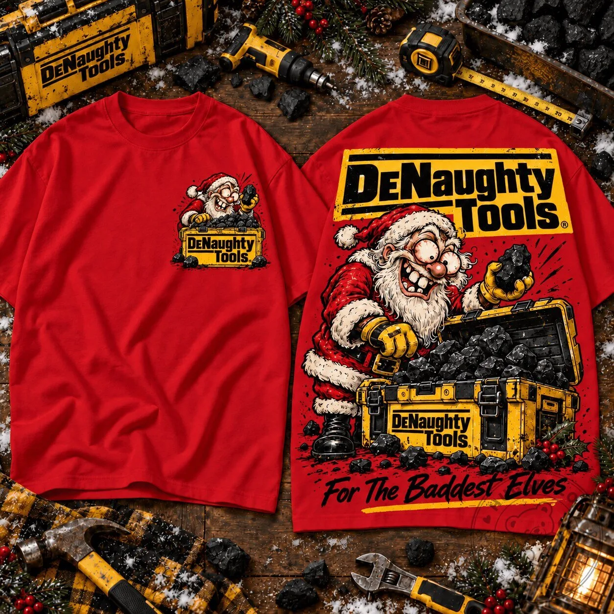 DeNaughty Tools Santa Coal Christmas Graphic T-Shirt For Tool Lovers