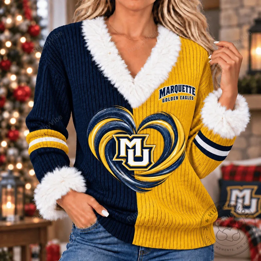 Marquette Golden Eagles Split Heart Logo Faux Fur Collar Knitted Sweater Marquette Golden Eagles Split Heart Logo Faux Fur Collar Knitted Sweater