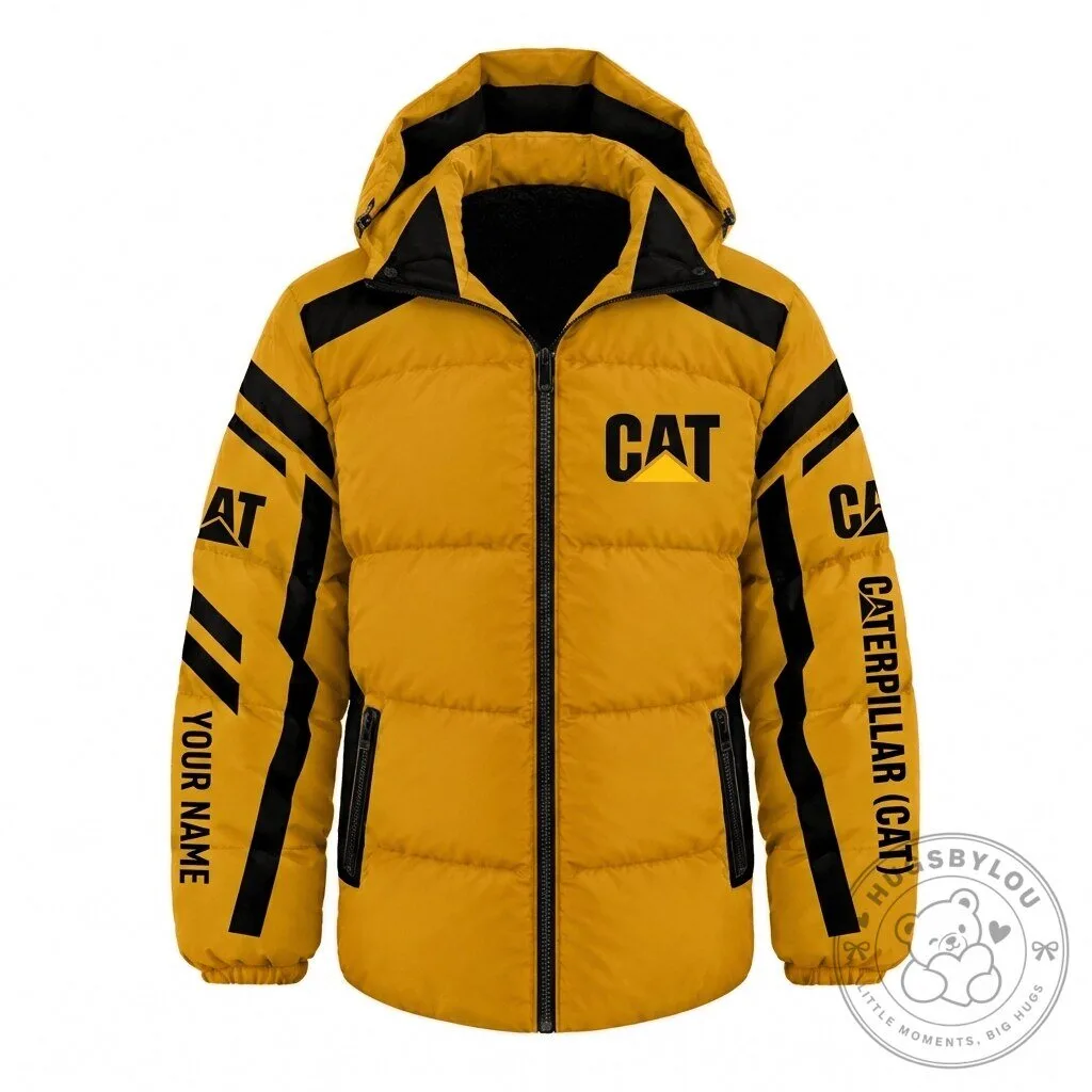 Caterpillar Equipment Logo Custom Name Puffer Jacket