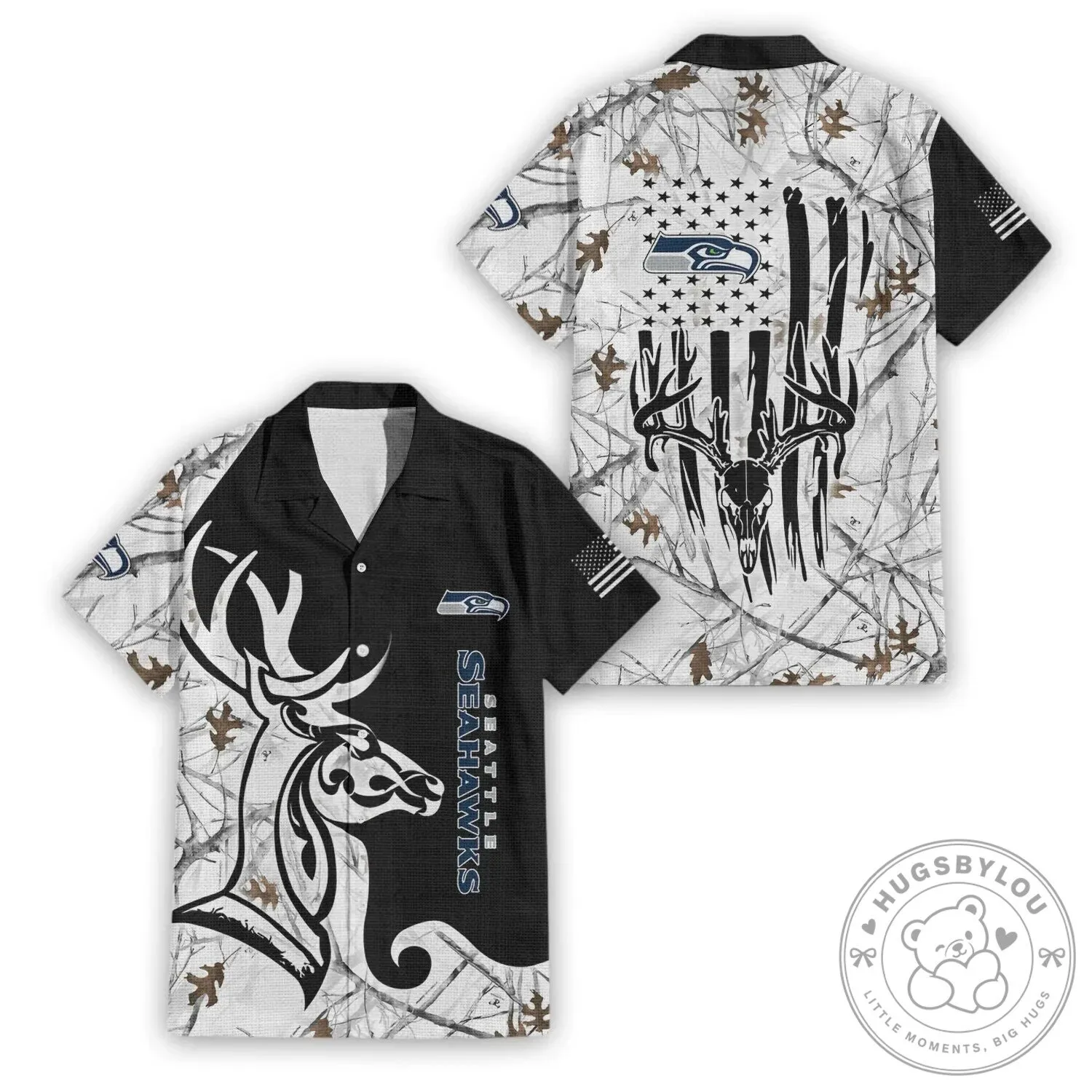 Seattle Seahawks Hunting Camouflage Deer Skull American Flag Hawaiian Shirt