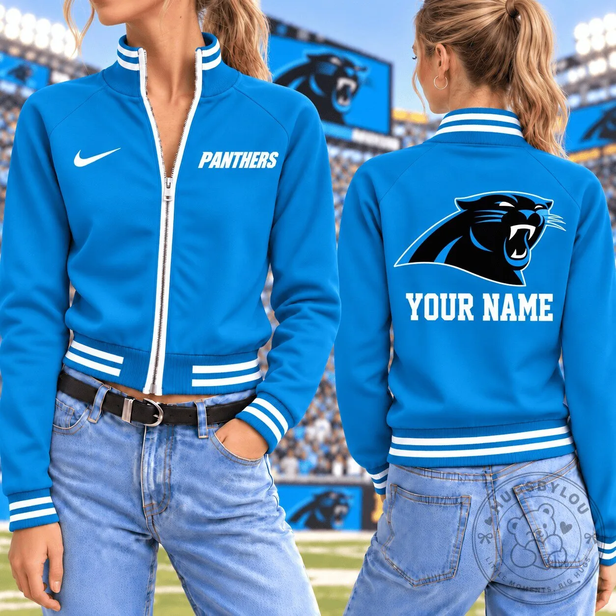 Carolina Panthers Custom Name Blue Full-Zip Bomber Jacket for Women