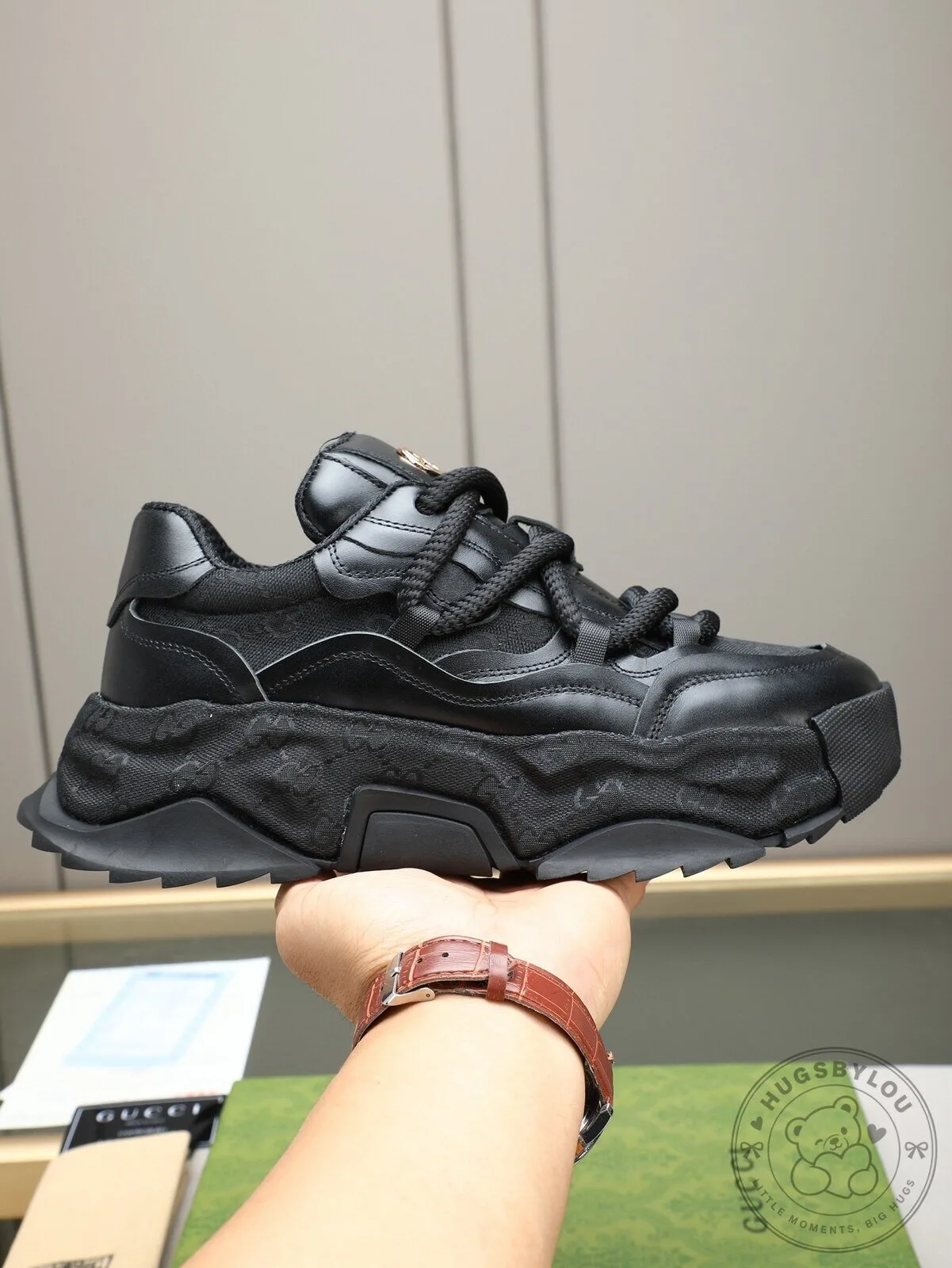 Gucci Black Leather Rhyton Interlocking G Logo Chunky Sole Sneakers