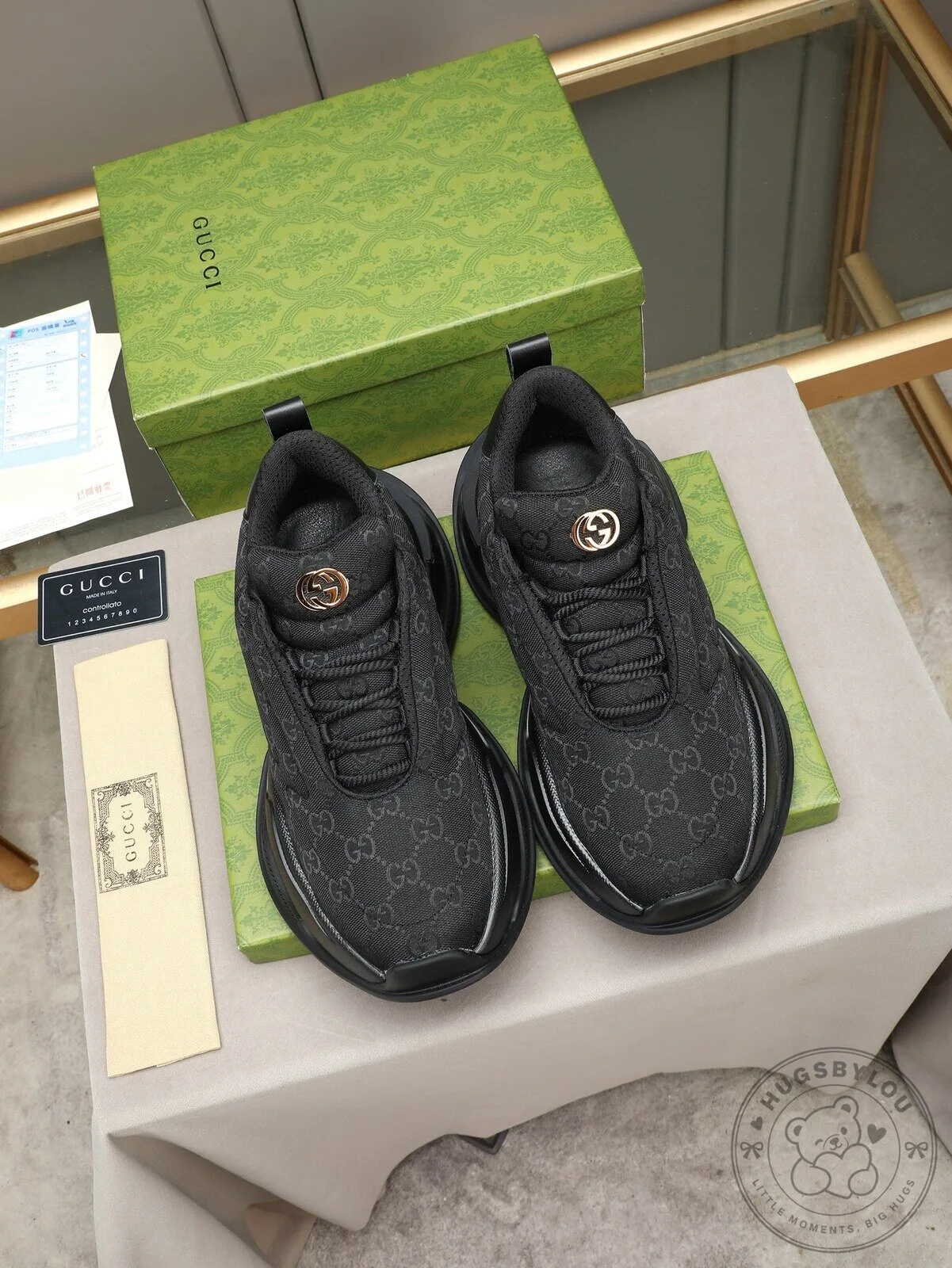Gucci Black Monogram Patterned Sneakers with Gold Logo Detail