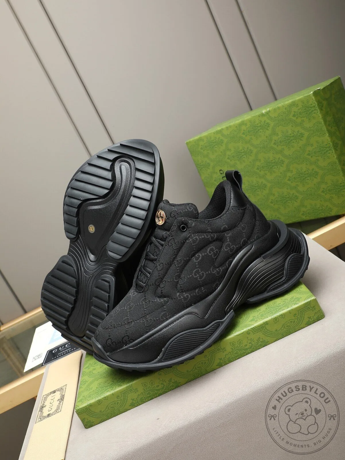 Gucci Black Monogram Patterned Sneakers with Gold Logo Detail 10 Gucci Black Monogram Patterned Sneakers with Gold Logo Detail