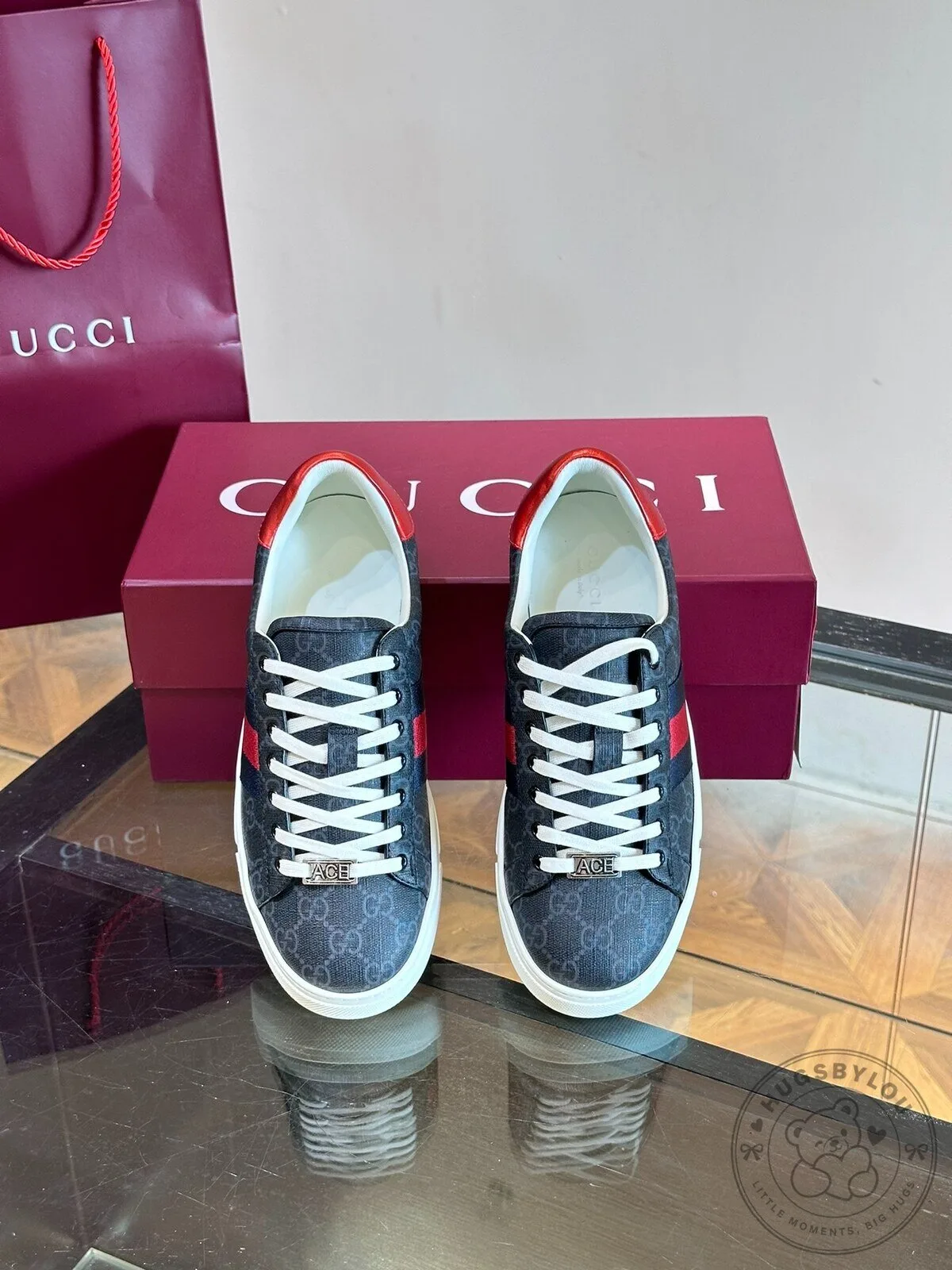 Gucci Ace Monogram Canvas Low-Top Sneakers with Red and Blue Web Detail