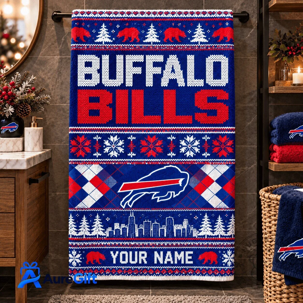 Buffalo Bills Christmas Ugly Sweater Pattern Personalized Bath Towel