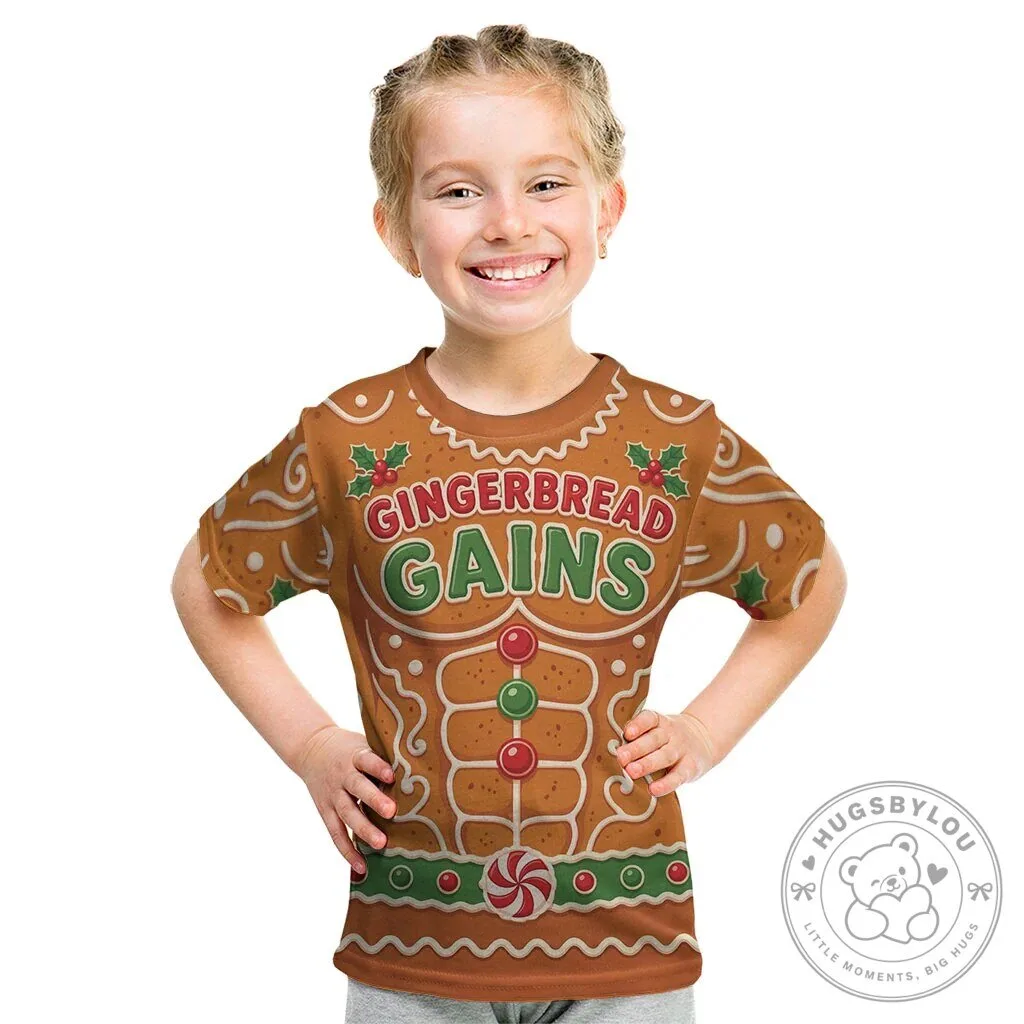 Gingerbread Gains Christmas Bodybuilder Kids T-Shirt 2 Gingerbread Gains Christmas Bodybuilder Kids T-Shirt